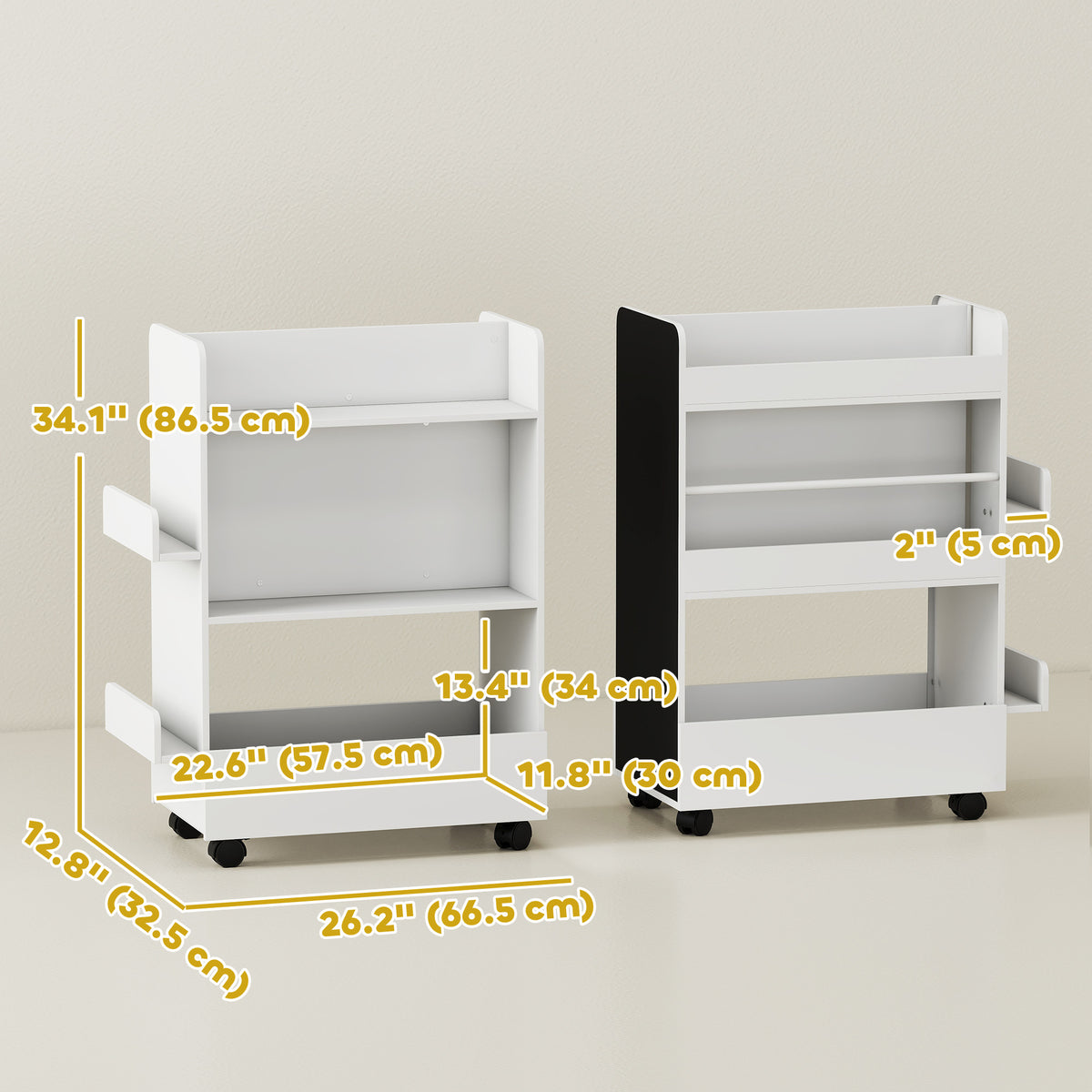 Qaba Kids Bookshelf with Wheels and Blackboard - White-Home Furnishings > Storage & Organization > Bookshelves & Bookcases-DECOROLALA