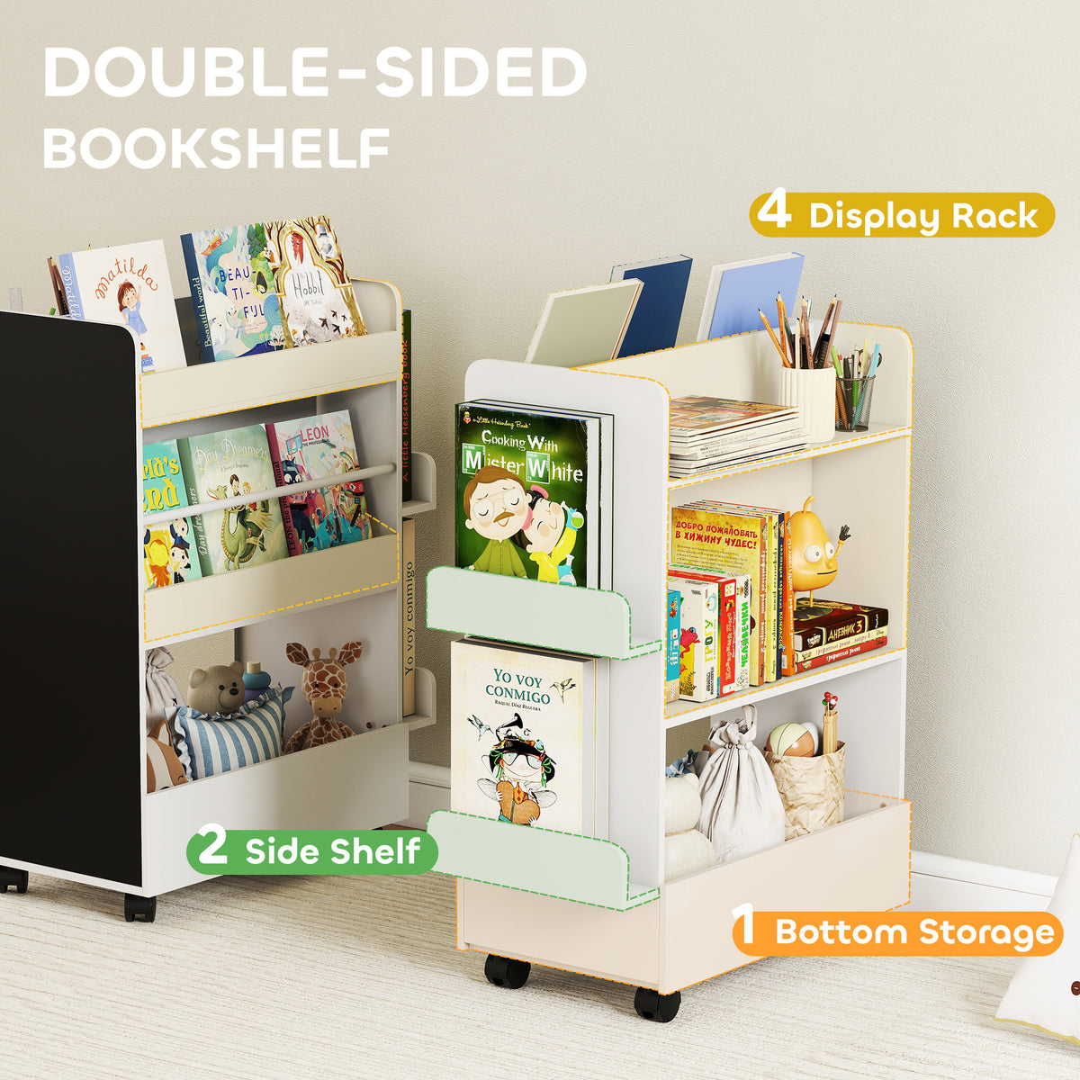 Qaba Kids Bookshelf with Wheels and Blackboard - White-Home Furnishings > Storage & Organization > Bookshelves & Bookcases-DECOROLALA