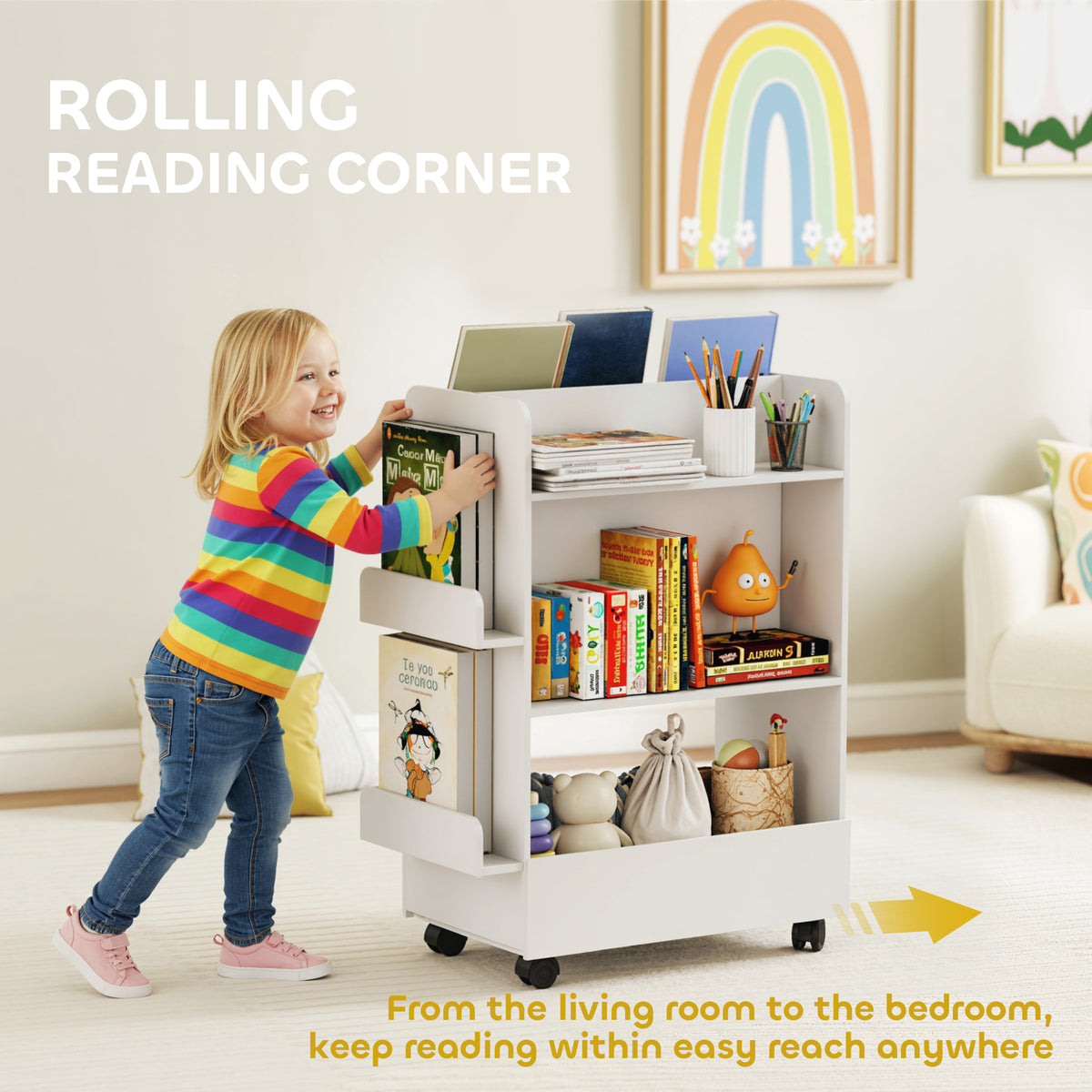 Qaba Kids Bookshelf with Wheels and Blackboard - White-Home Furnishings > Storage & Organization > Bookshelves & Bookcases-DECOROLALA