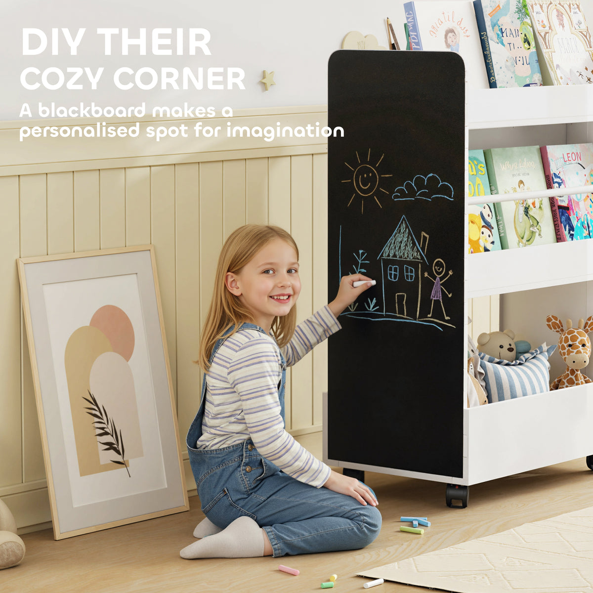 Qaba Kids Bookshelf with Wheels and Blackboard - White-Home Furnishings > Storage & Organization > Bookshelves & Bookcases-DECOROLALA
