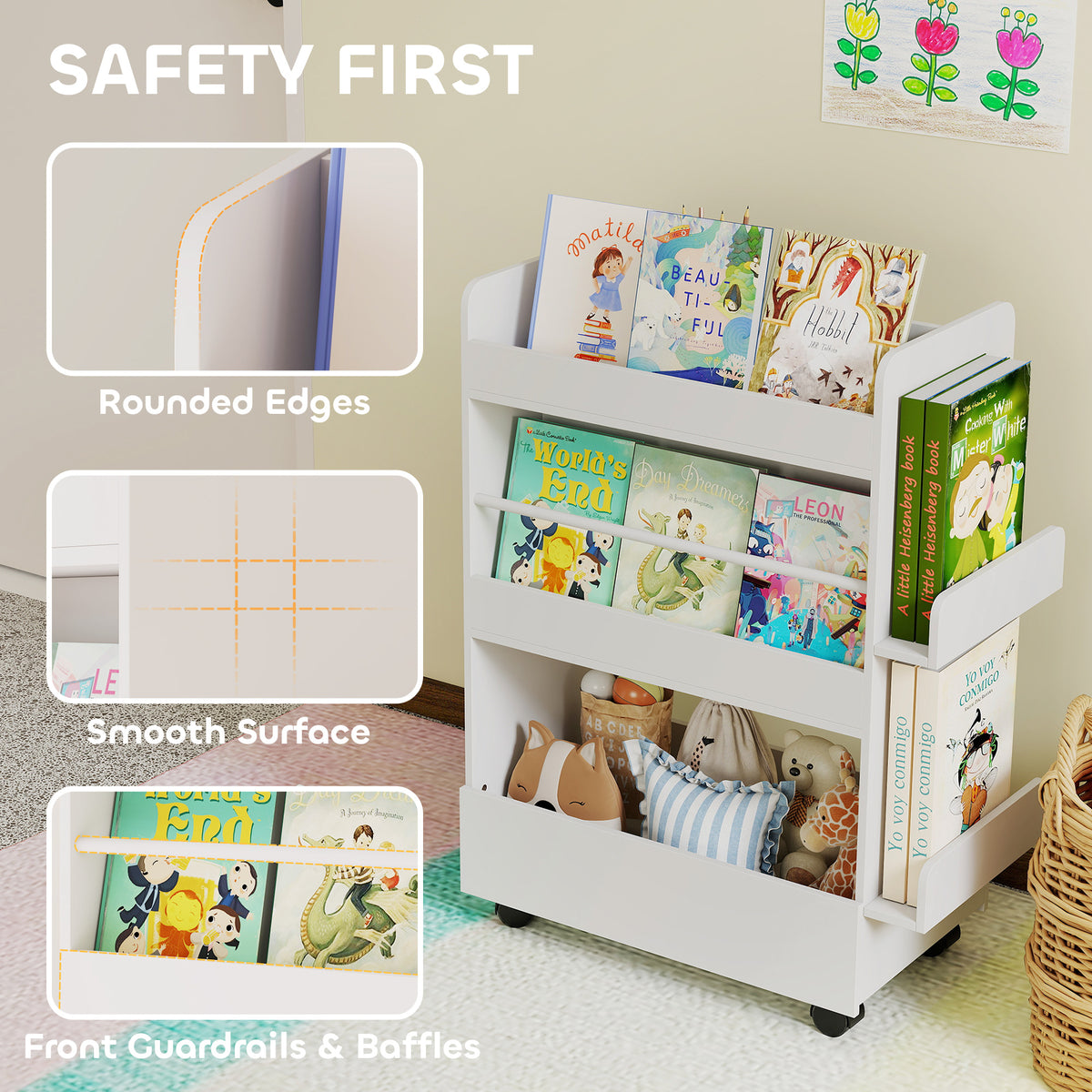 Qaba Kids Bookshelf with Wheels and Blackboard - White-Home Furnishings > Storage & Organization > Bookshelves & Bookcases-DECOROLALA