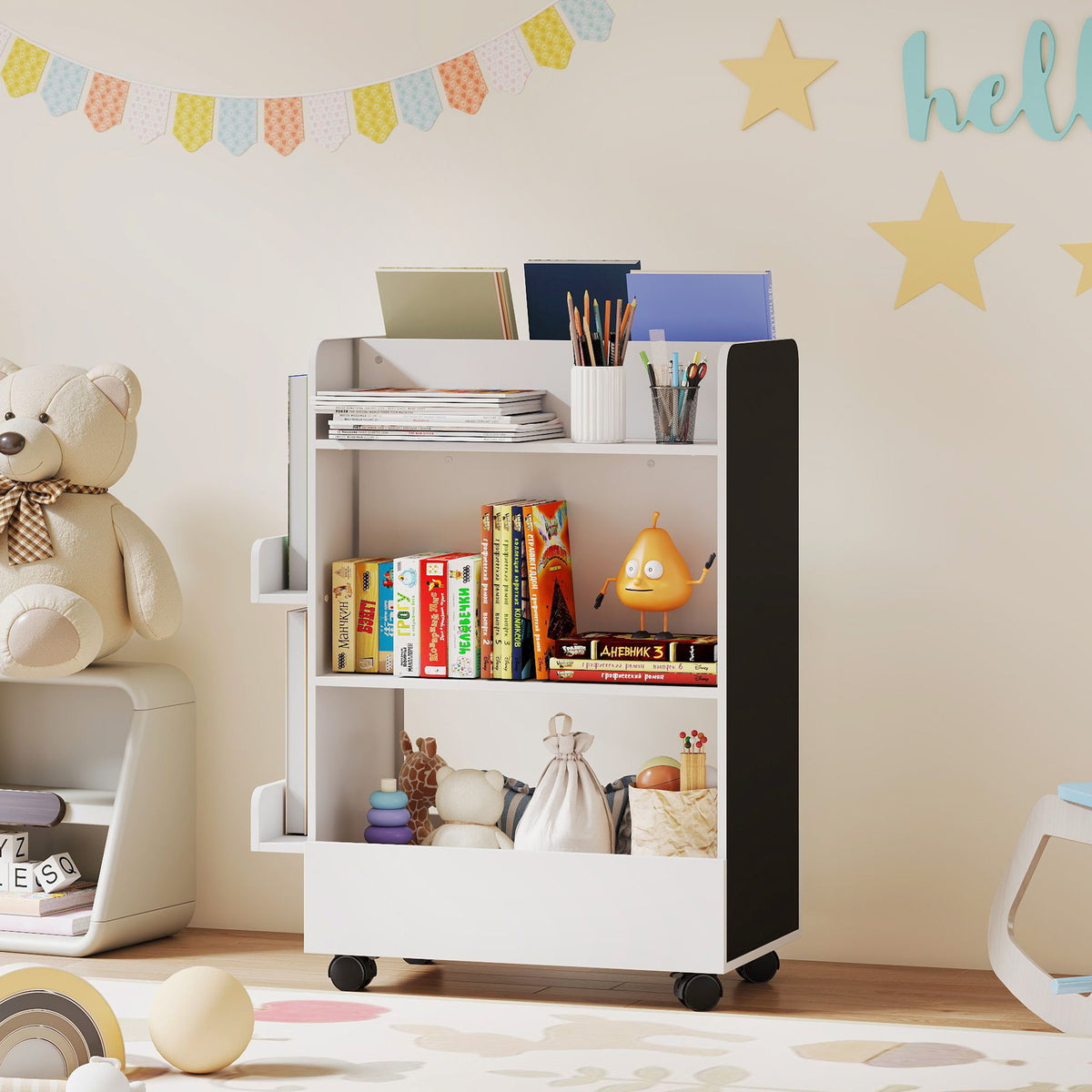Qaba Kids Bookshelf with Wheels and Blackboard - White-Home Furnishings > Storage & Organization > Bookshelves & Bookcases-DECOROLALA