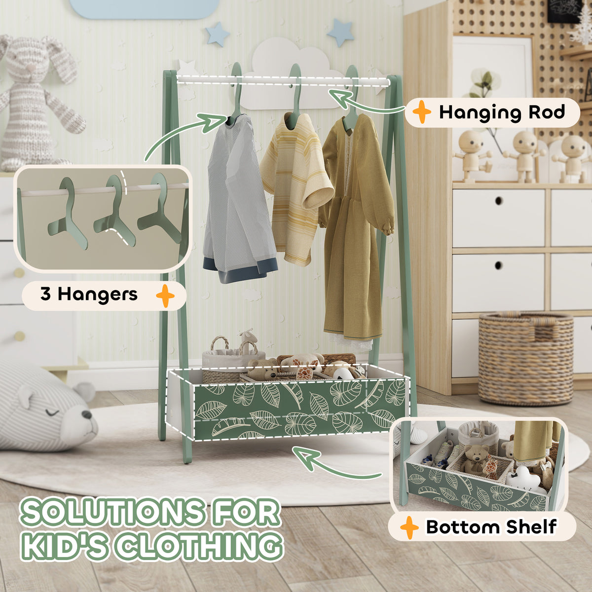 Qaba Kids Clothing Rack with Shelf and Hangers - Green-Toys & Games > Toddler & Kids Furniture > Kids Bedroom Furniture-DECOROLALA