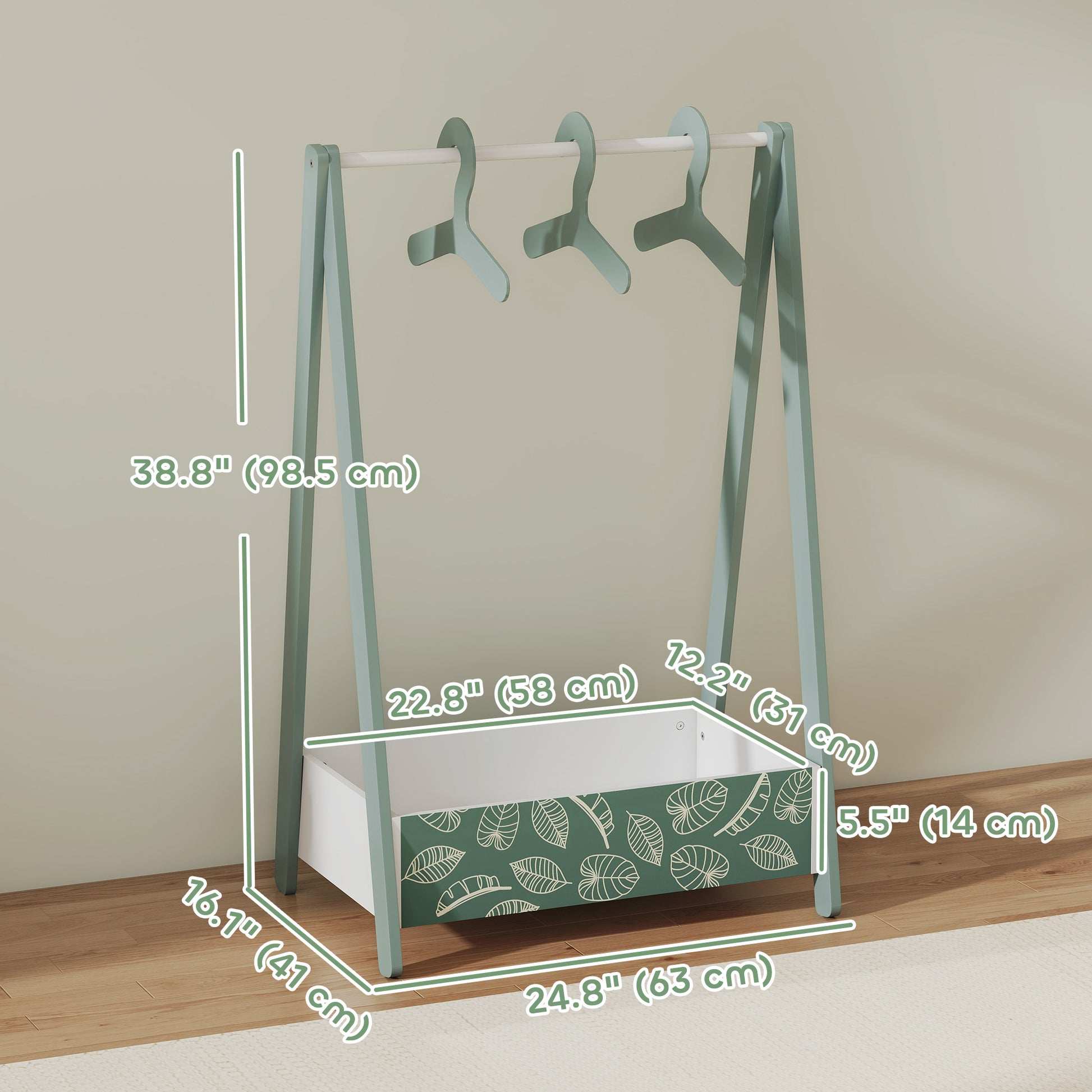Qaba Kids Clothing Rack with Storage Shelf, Hangers, for Nursery Room, Living Room, Playroom, Green-Toys & Games > Toddler & Kids Furniture > Kids Bedroom Furniture-DECOROLALA