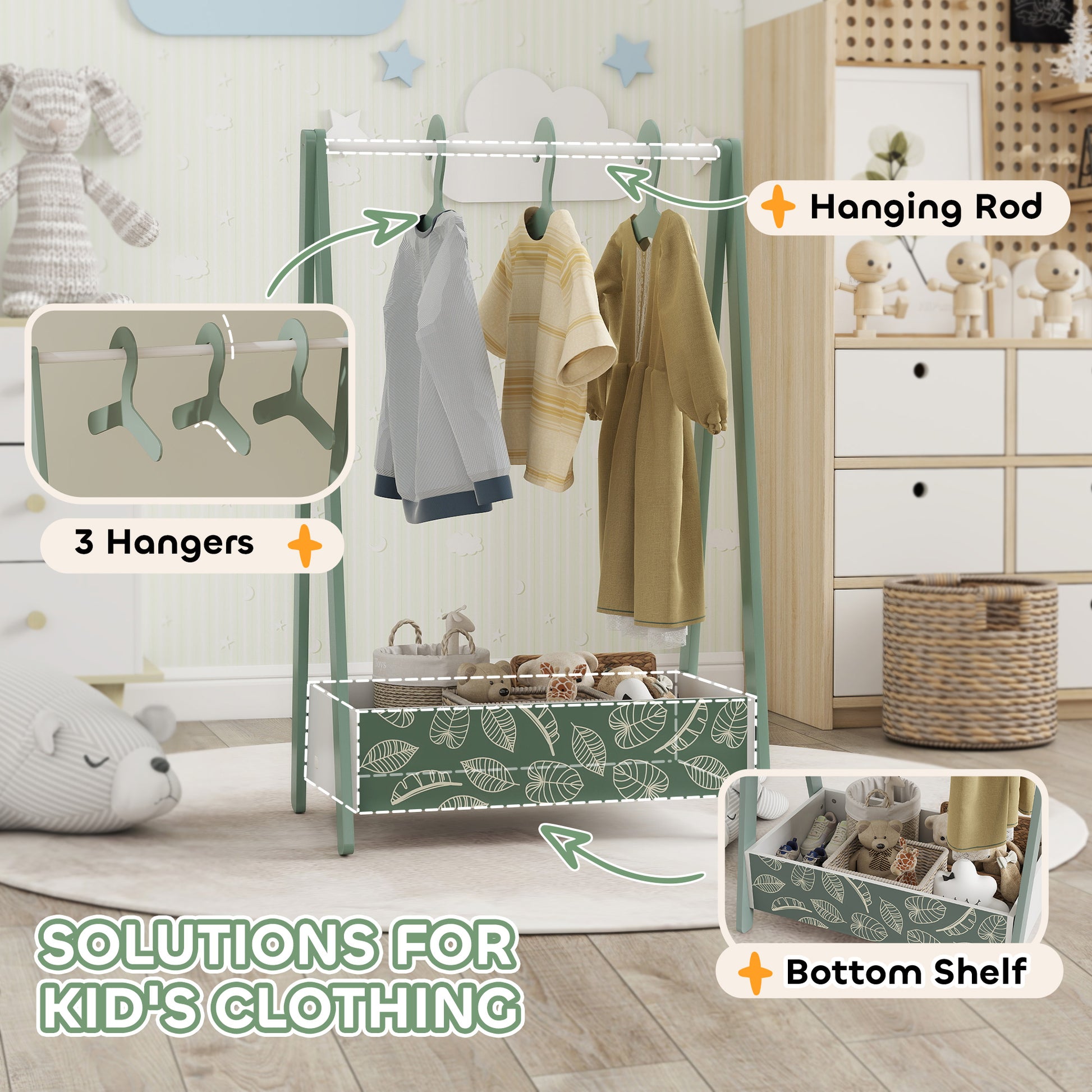Qaba Kids Clothing Rack with Storage Shelf, Hangers, for Nursery Room, Living Room, Playroom, Green-Toys & Games > Toddler & Kids Furniture > Kids Bedroom Furniture-DECOROLALA