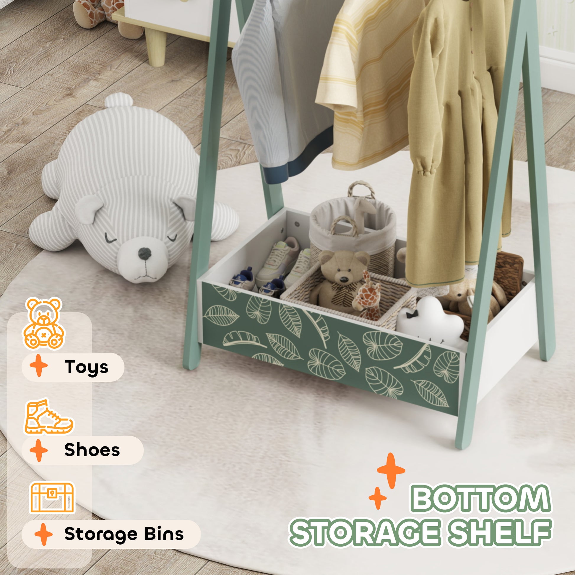 Qaba Kids Clothing Rack with Storage Shelf, Hangers, for Nursery Room, Living Room, Playroom, Green-Toys & Games > Toddler & Kids Furniture > Kids Bedroom Furniture-DECOROLALA