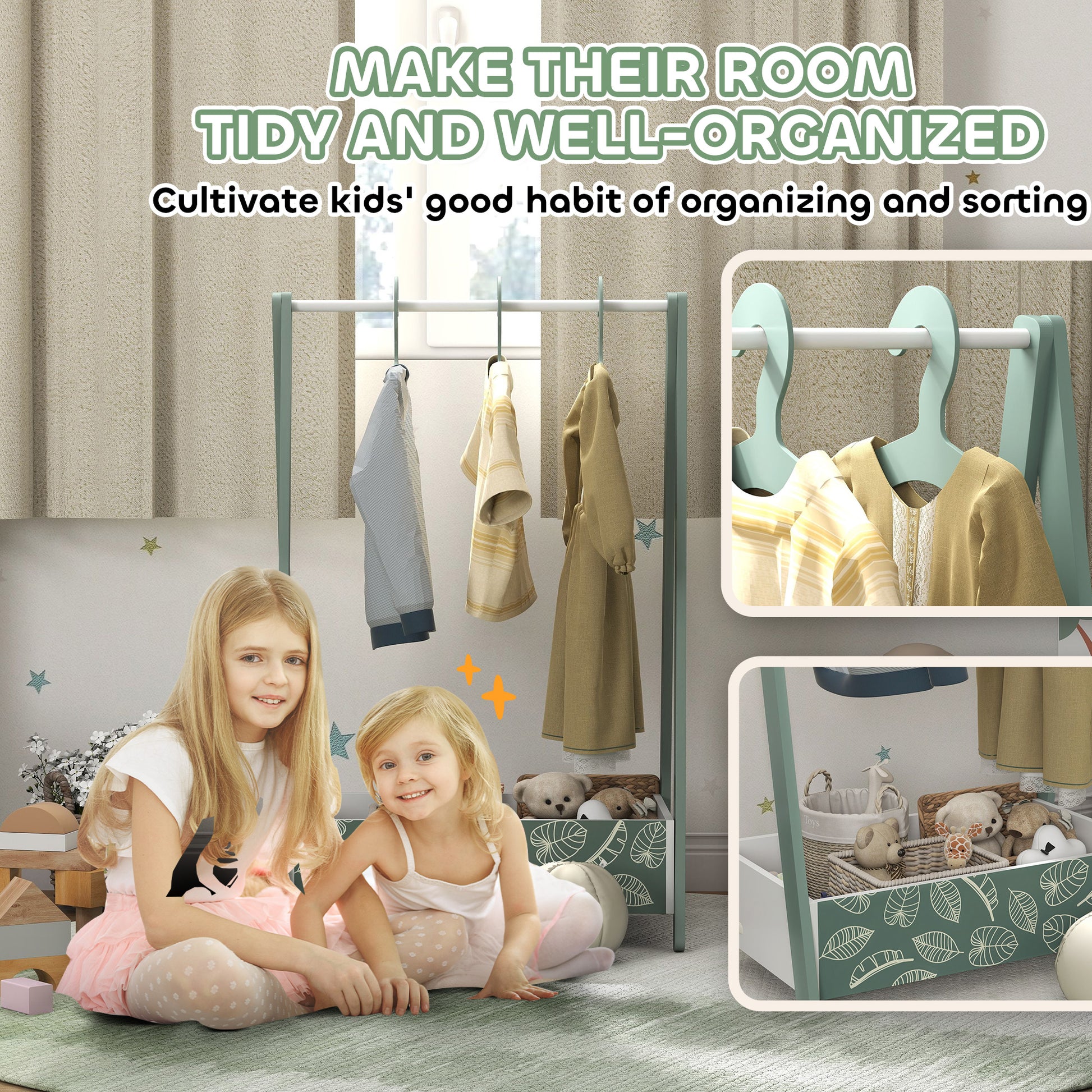 Qaba Kids Clothing Rack with Storage Shelf, Hangers, for Nursery Room, Living Room, Playroom, Green-Toys & Games > Toddler & Kids Furniture > Kids Bedroom Furniture-DECOROLALA