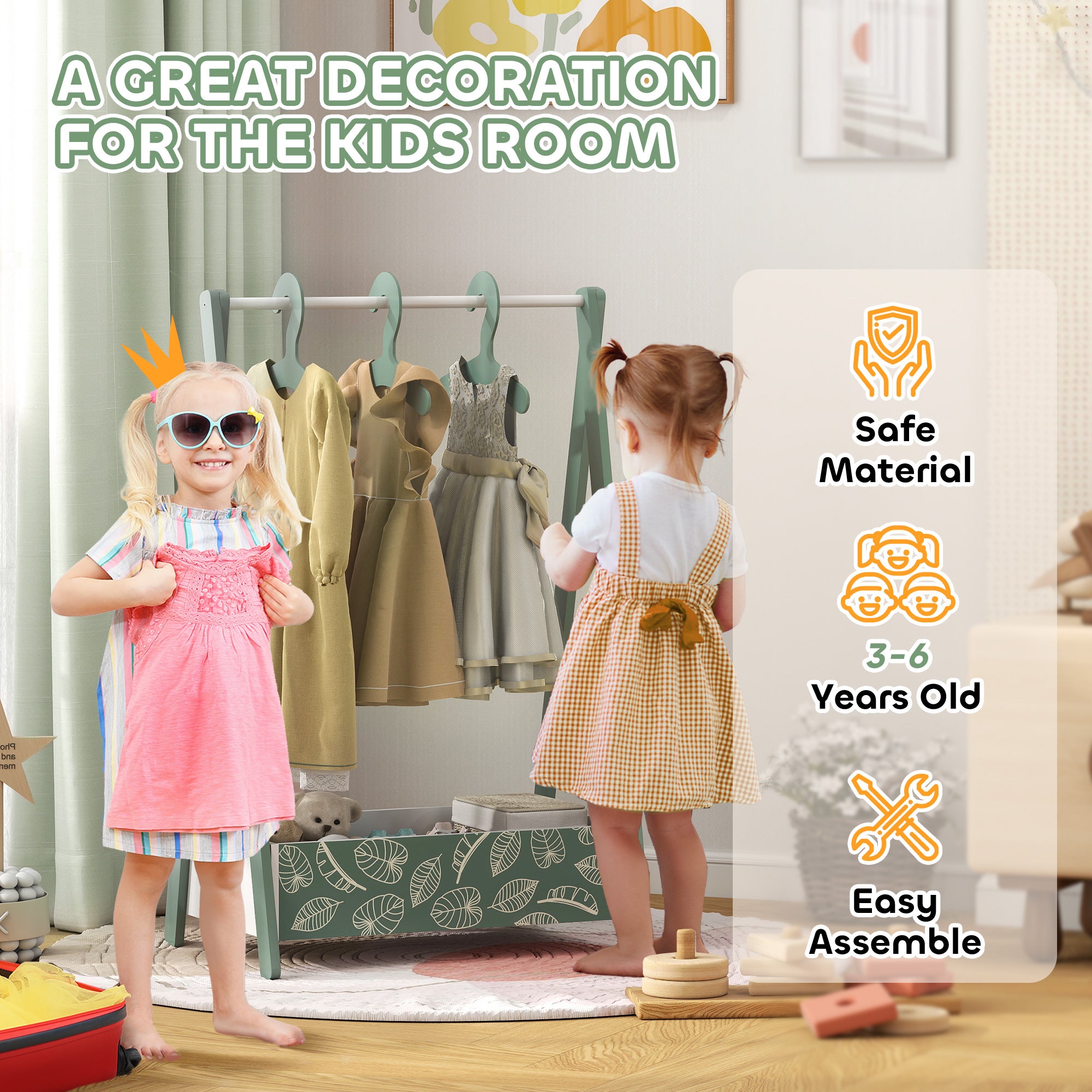 Qaba Kids Clothing Rack with Storage Shelf, Hangers, for Nursery Room, Living Room, Playroom, Green-Toys & Games > Toddler & Kids Furniture > Kids Bedroom Furniture-DECOROLALA