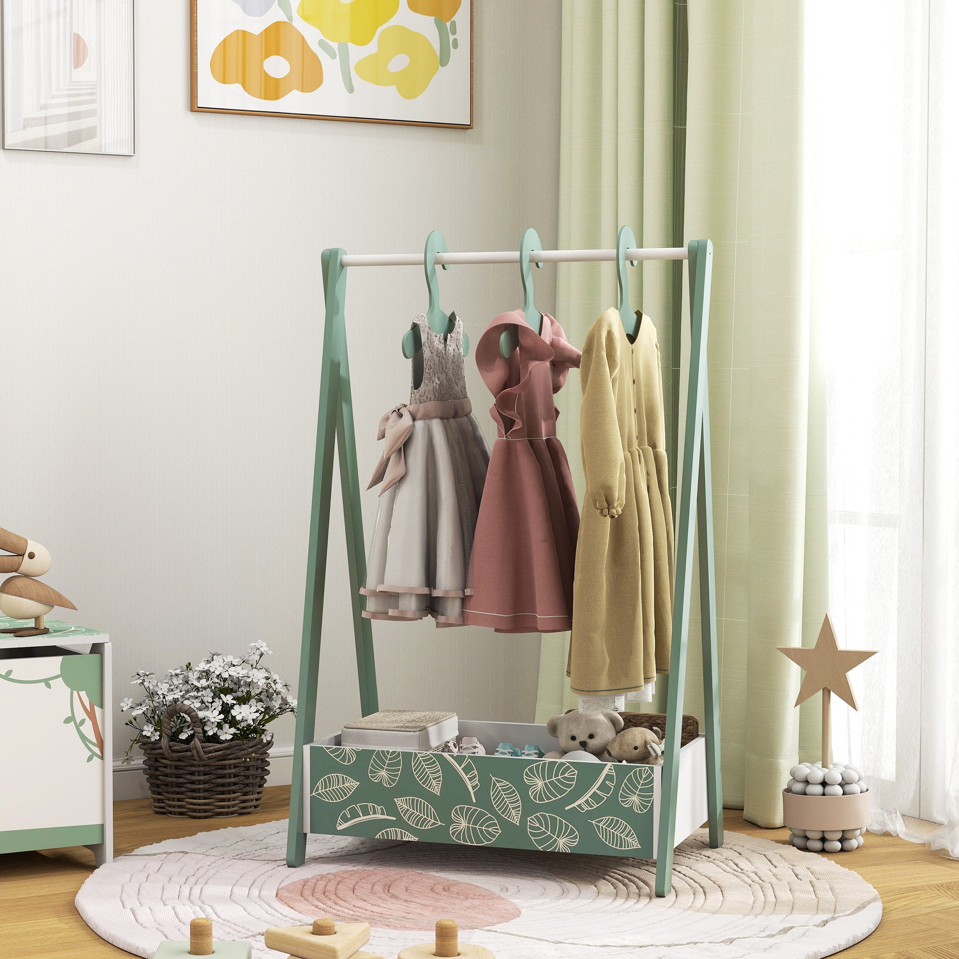 Qaba Kids Clothing Rack with Storage Shelf, Hangers, for Nursery Room, Living Room, Playroom, Green-Toys & Games > Toddler & Kids Furniture > Kids Bedroom Furniture-DECOROLALA