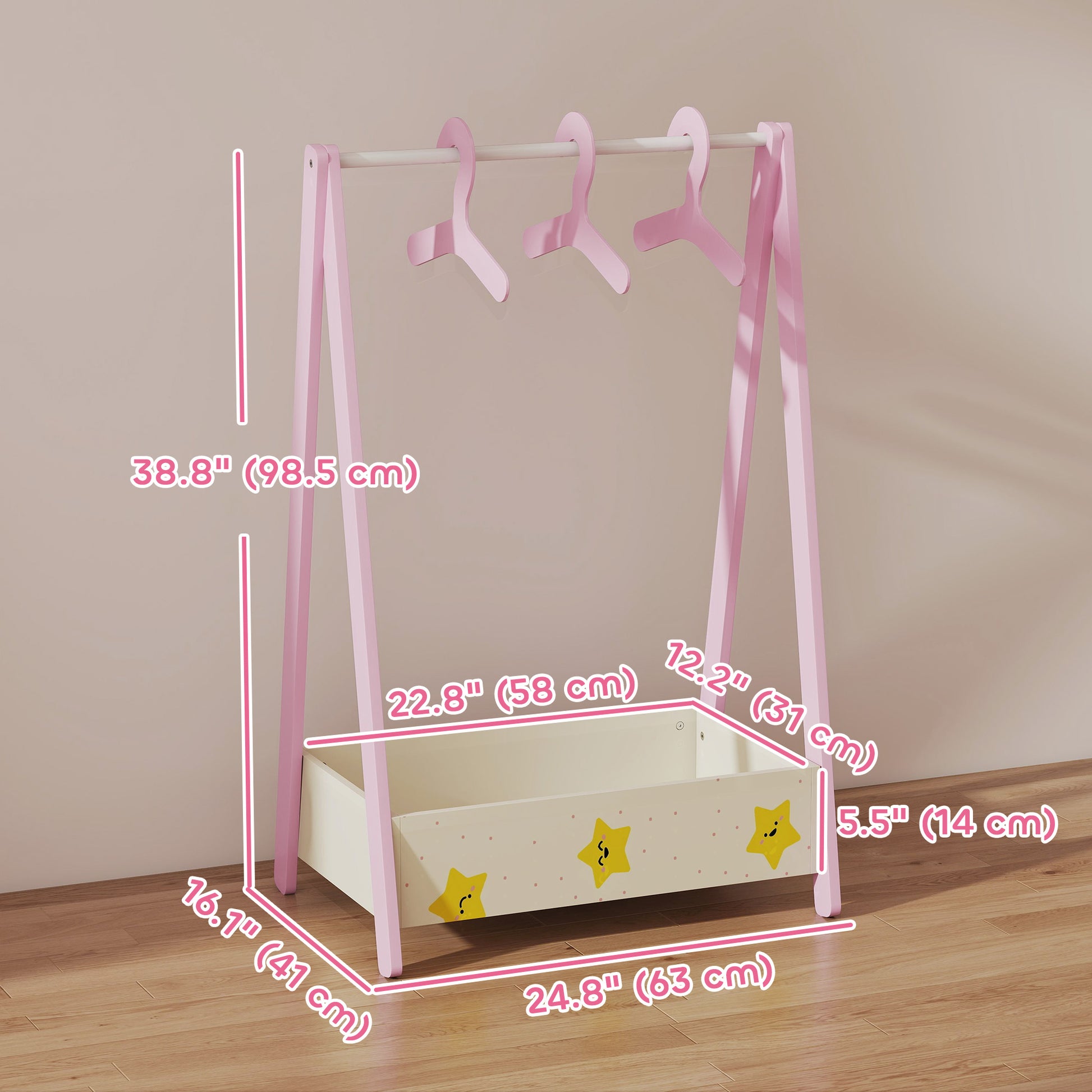 Qaba Kids Clothing Rack with Storage Shelf, Hangers, for Nursery Room, Living Room, Playroom, Pink-Toys & Games > Toddler & Kids Furniture > Kids Bedroom Furniture-DECOROLALA