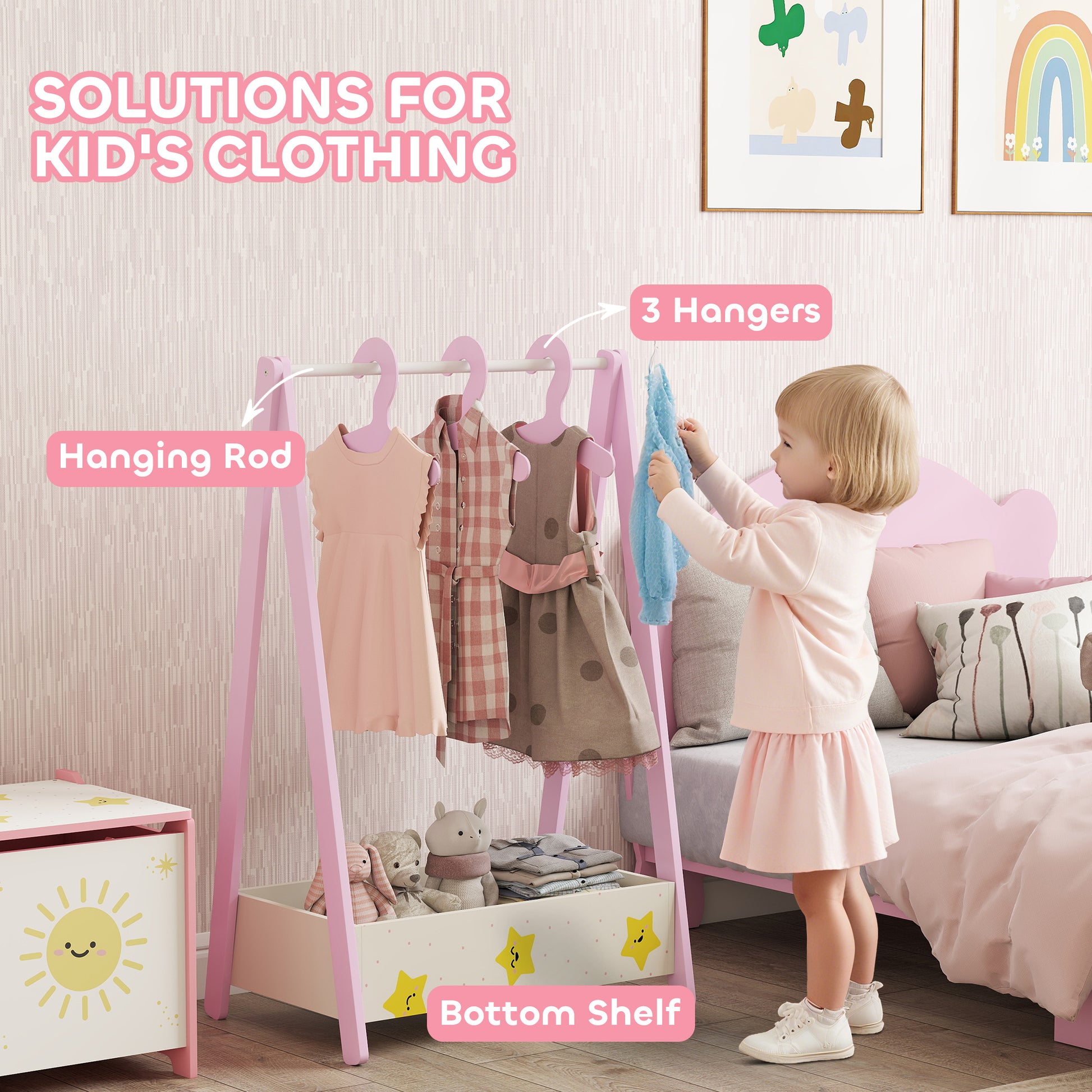 Qaba Kids Clothing Rack with Storage Shelf, Hangers, for Nursery Room, Living Room, Playroom, Pink-Toys & Games > Toddler & Kids Furniture > Kids Bedroom Furniture-DECOROLALA