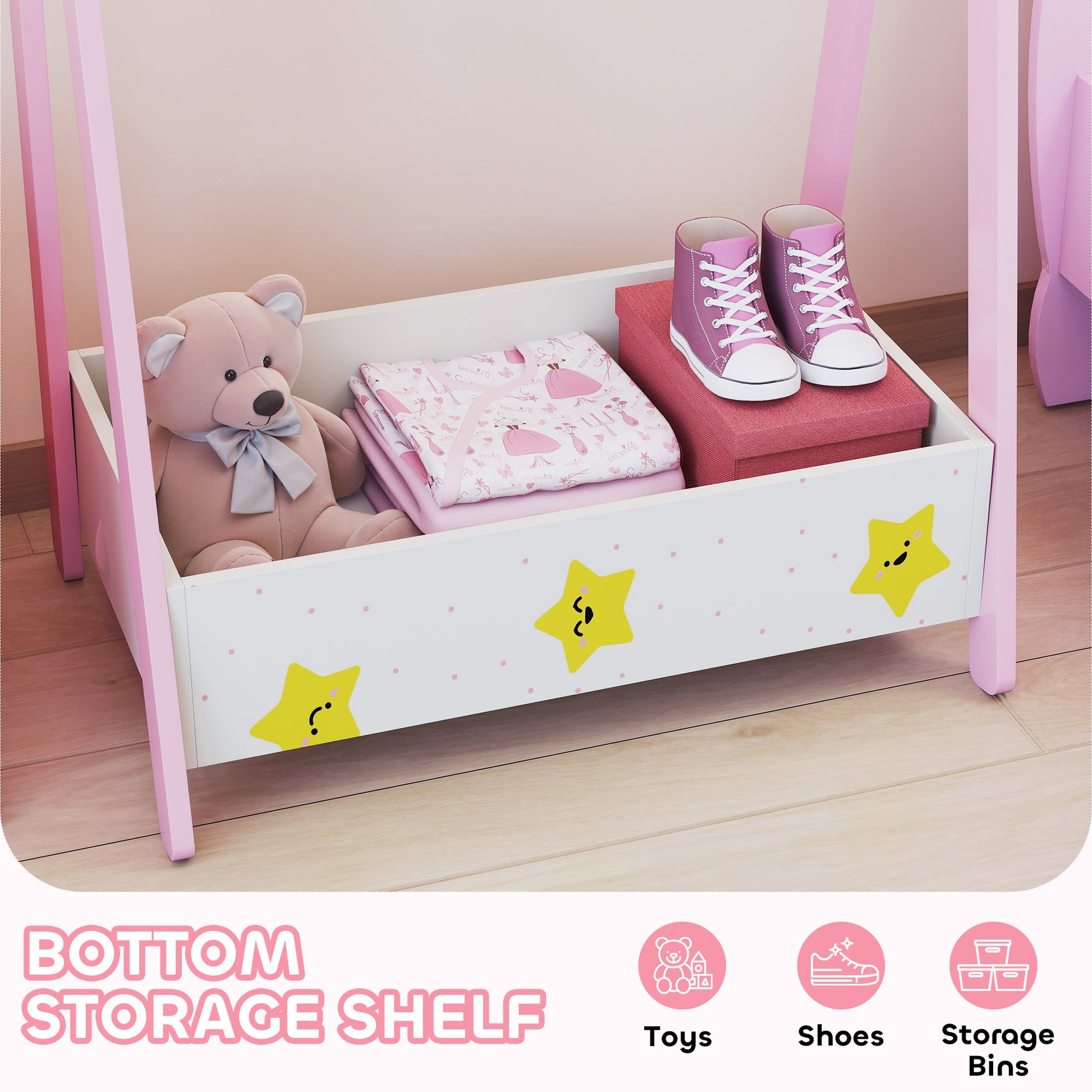 Qaba Kids Clothing Rack with Storage Shelf, Hangers, for Nursery Room, Living Room, Playroom, Pink-Toys & Games > Toddler & Kids Furniture > Kids Bedroom Furniture-DECOROLALA