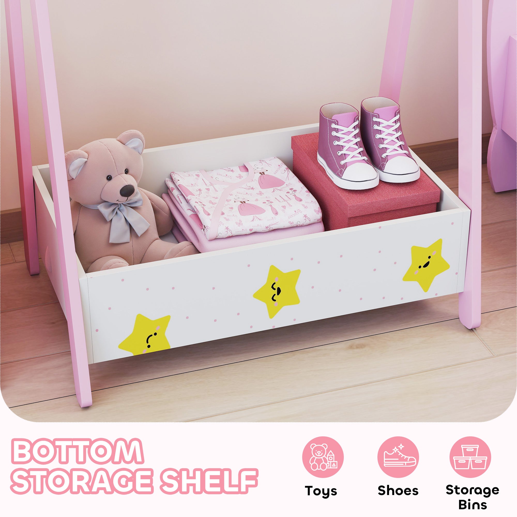 Qaba Kids Clothing Rack with Storage Shelf, Hangers, for Nursery Room, Living Room, Playroom, Pink-Toys & Games > Toddler & Kids Furniture > Kids Bedroom Furniture-DECOROLALA