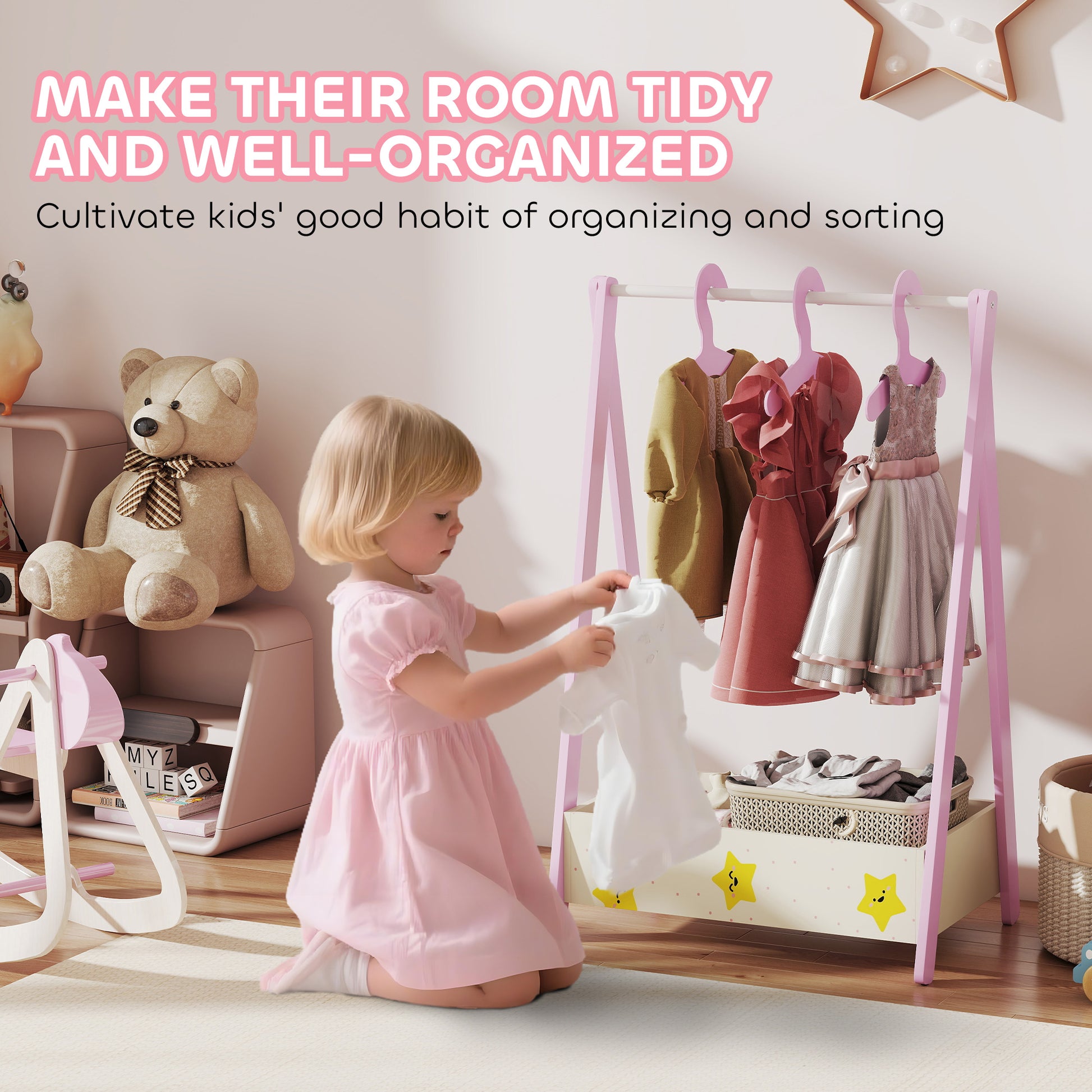 Qaba Kids Clothing Rack with Storage Shelf, Hangers, for Nursery Room, Living Room, Playroom, Pink-Toys & Games > Toddler & Kids Furniture > Kids Bedroom Furniture-DECOROLALA
