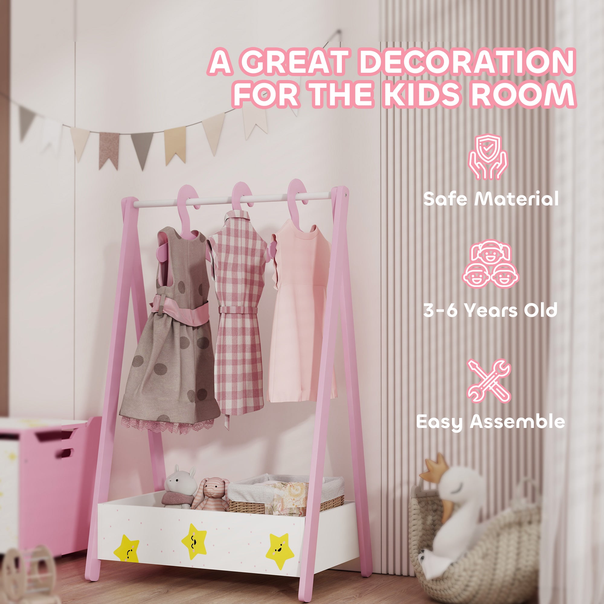 Qaba Kids Clothing Rack with Storage Shelf, Hangers, for Nursery Room, Living Room, Playroom, Pink-Toys & Games > Toddler & Kids Furniture > Kids Bedroom Furniture-DECOROLALA