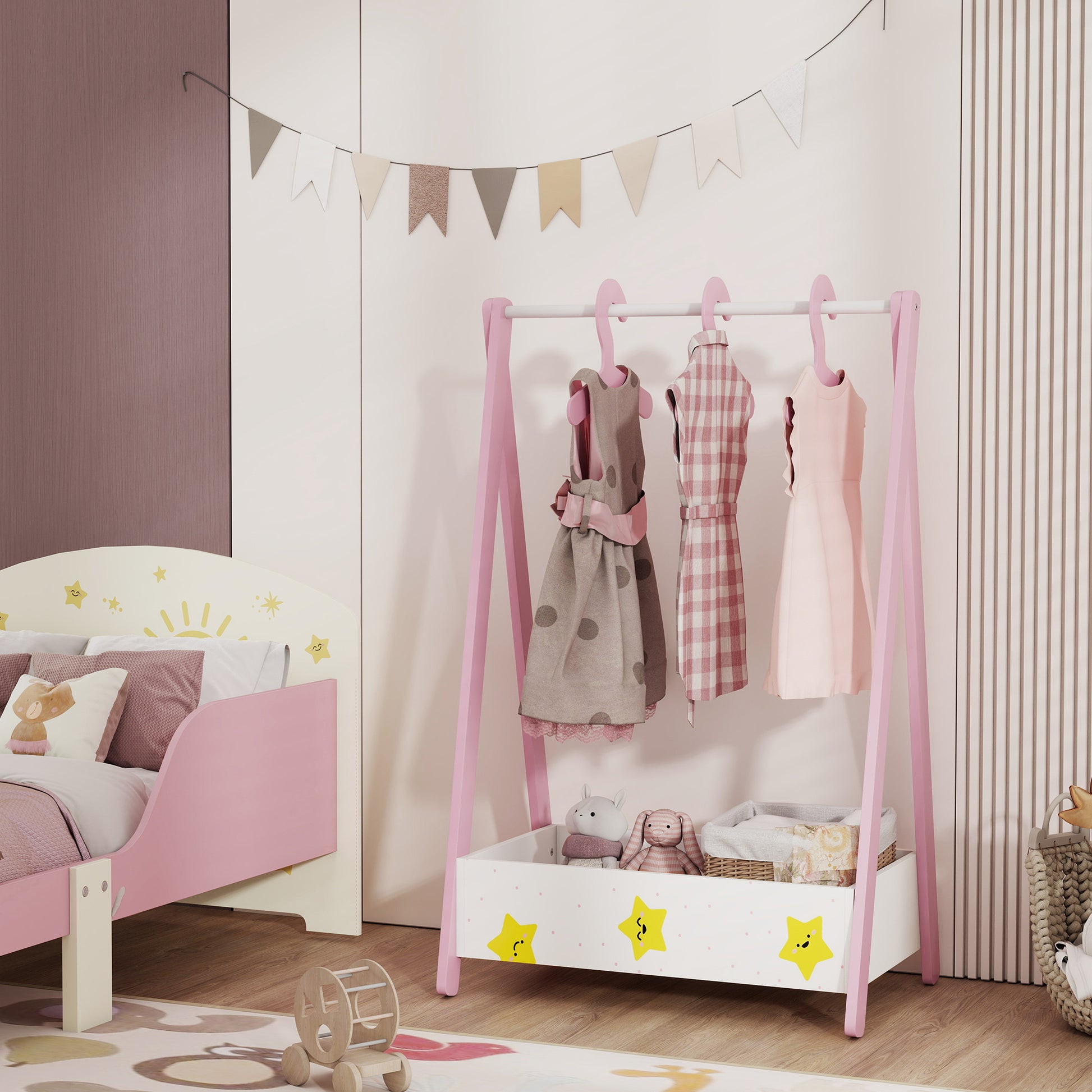 Qaba Kids Clothing Rack with Storage Shelf, Hangers, for Nursery Room, Living Room, Playroom, Pink-Toys & Games > Toddler & Kids Furniture > Kids Bedroom Furniture-DECOROLALA