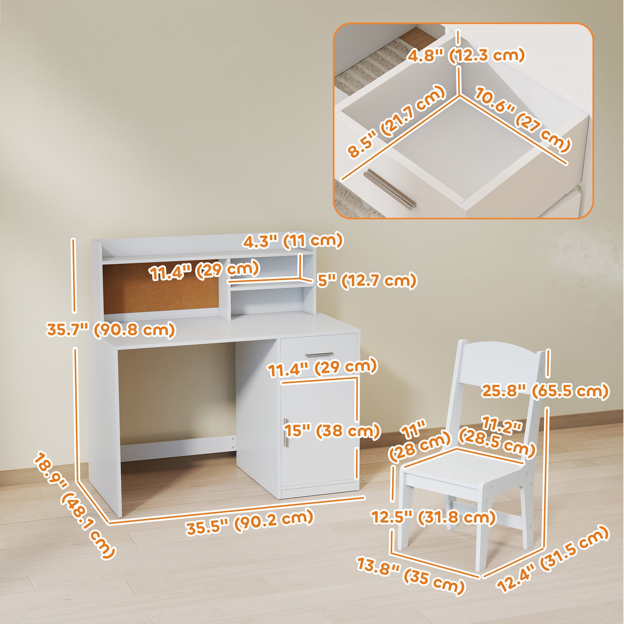 Qaba Kids Desk and Chair Set, Kids Study Table and Chair Set with Storage Hutch, Drawer, Cabinet, Compartments, Cork Board-Toys & Games > Toddler & Kids Furniture > Kids Desk Sets-DECOROLALA