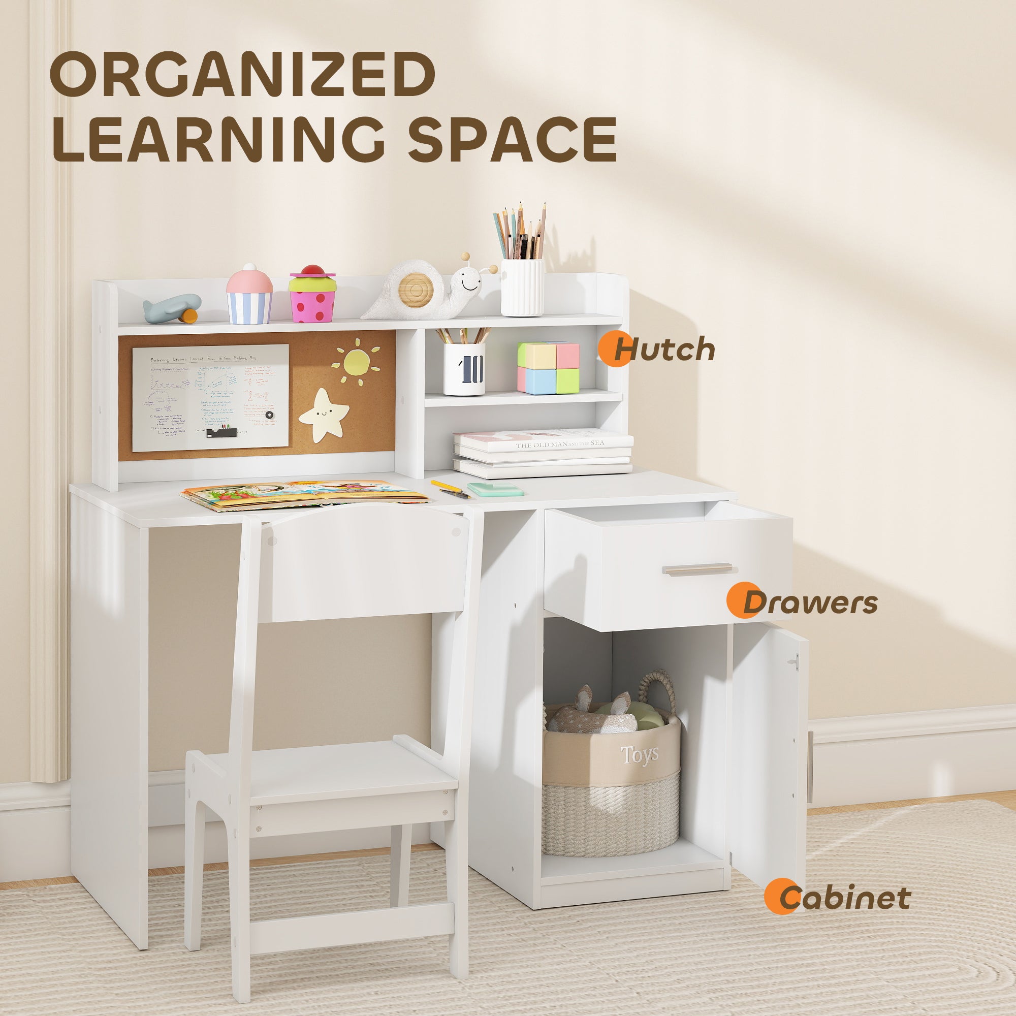 Qaba Kids Desk and Chair Set, Kids Study Table and Chair Set with Storage Hutch, Drawer, Cabinet, Compartments, Cork Board-Toys & Games > Toddler & Kids Furniture > Kids Desk Sets-DECOROLALA