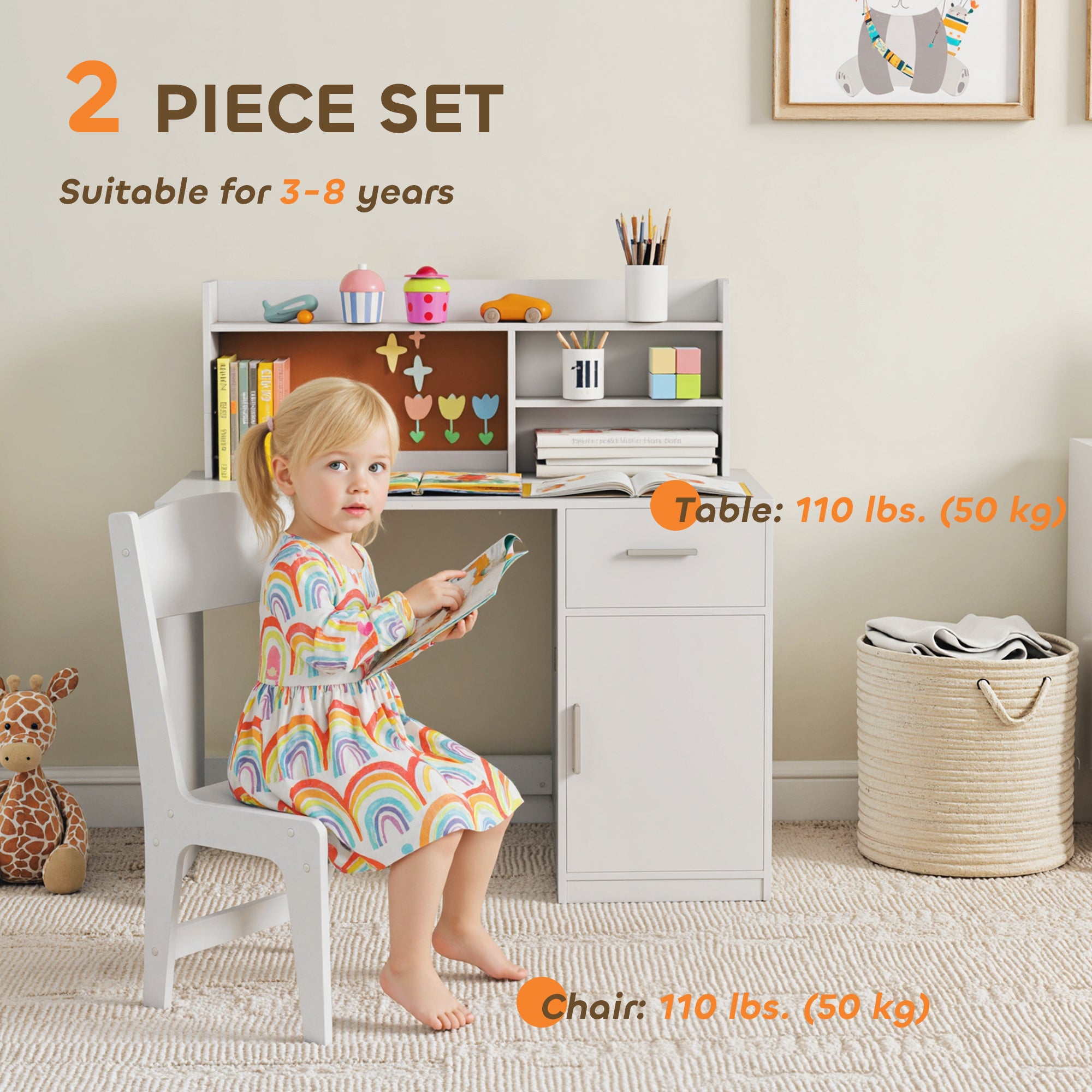 Qaba Kids Desk and Chair Set, Kids Study Table and Chair Set with Storage Hutch, Drawer, Cabinet, Compartments, Cork Board-Toys & Games > Toddler & Kids Furniture > Kids Desk Sets-DECOROLALA