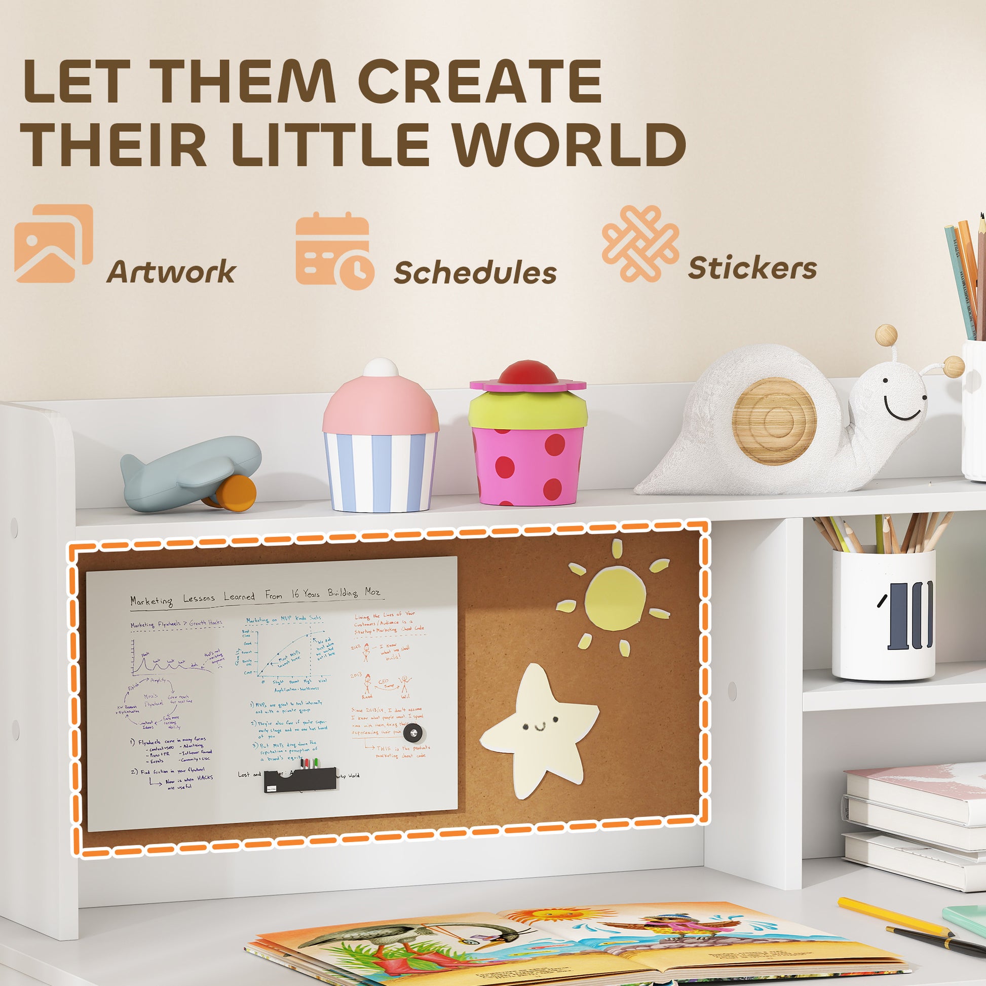 Qaba Kids Desk and Chair Set, Kids Study Table and Chair Set with Storage Hutch, Drawer, Cabinet, Compartments, Cork Board-Toys & Games > Toddler & Kids Furniture > Kids Desk Sets-DECOROLALA