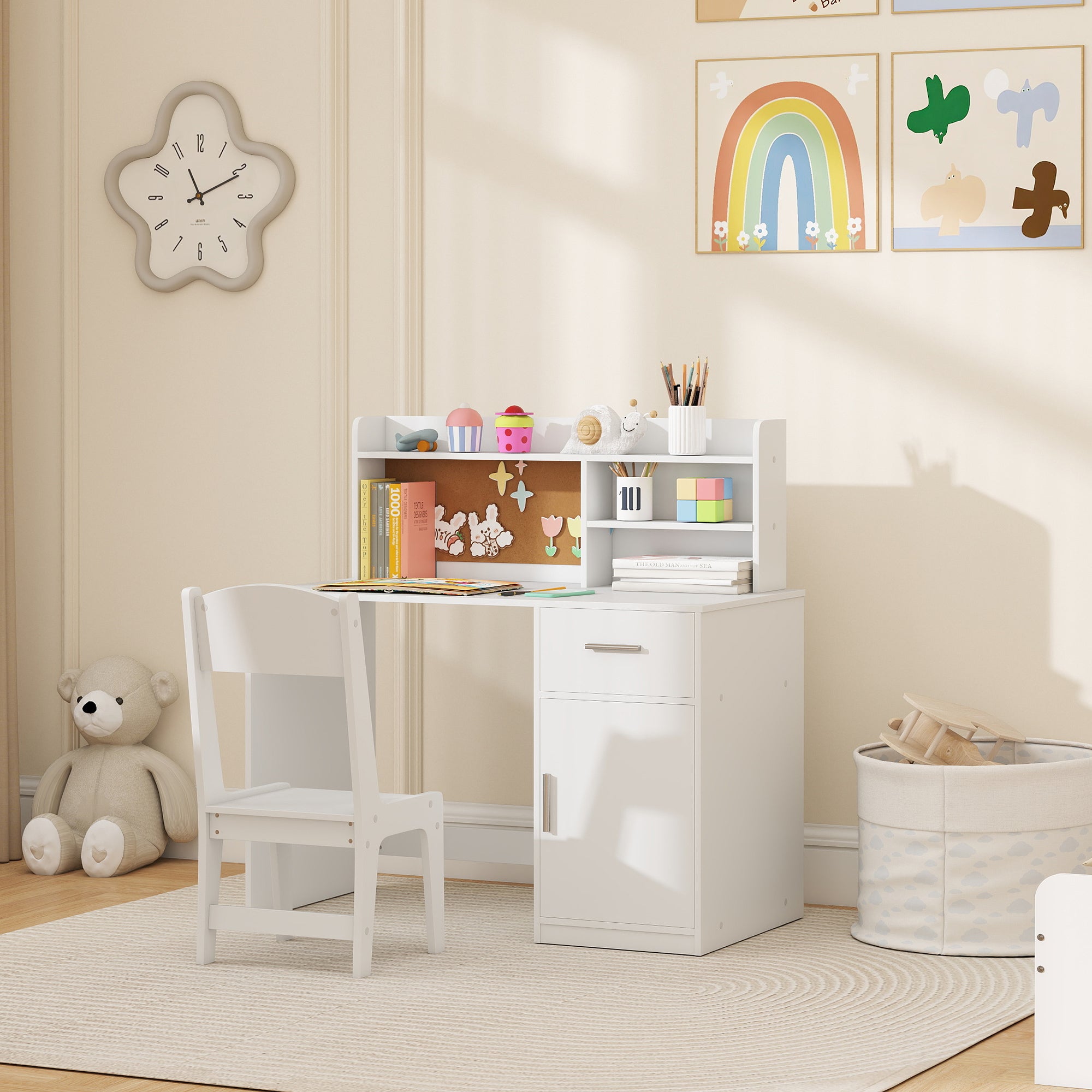 Qaba Kids Desk and Chair Set, Kids Study Table and Chair Set with Storage Hutch, Drawer, Cabinet, Compartments, Cork Board-Toys & Games > Toddler & Kids Furniture > Kids Desk Sets-DECOROLALA