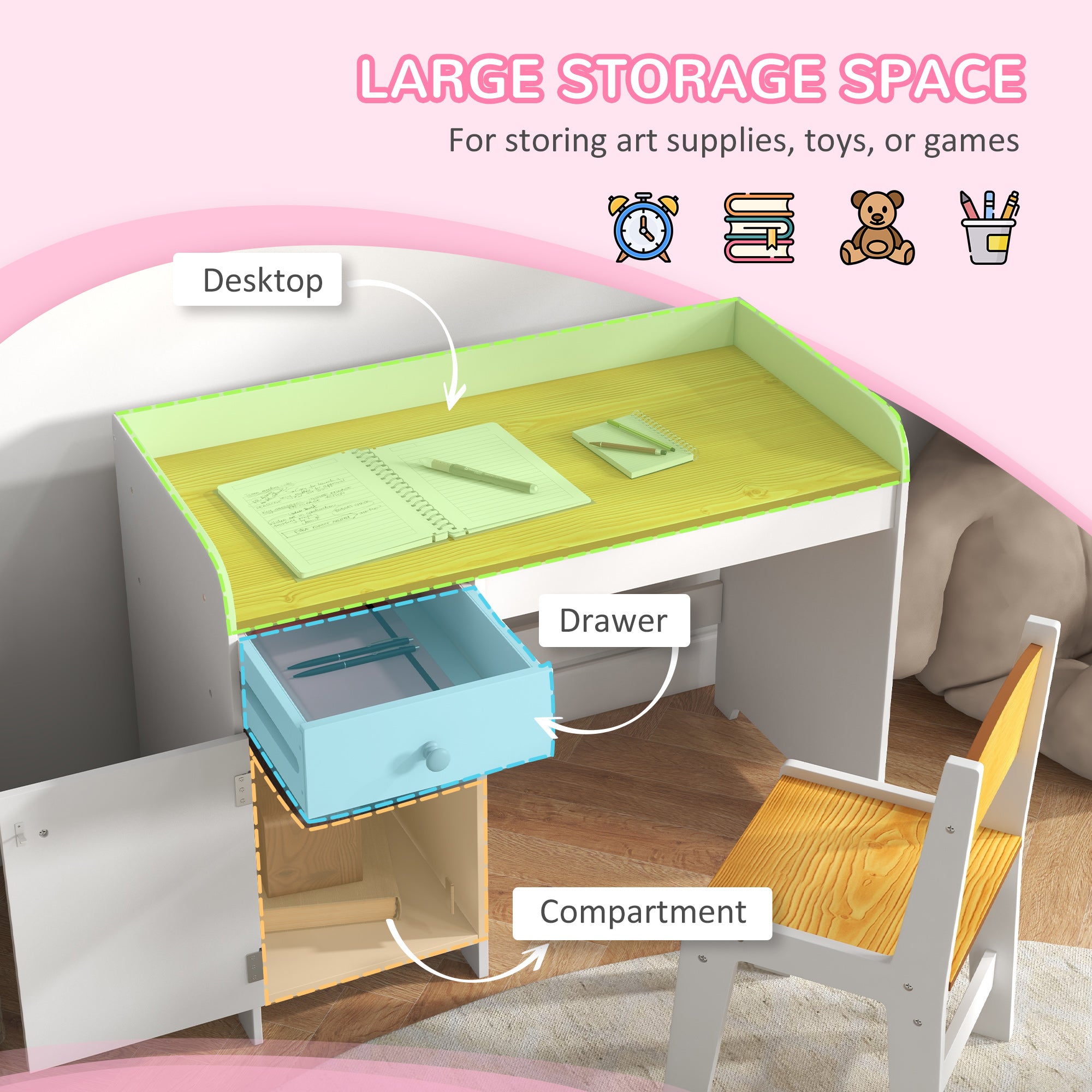 Qaba Kids Desk and Chair Set for 3-6 Year Old with Storage Drawer, Study Table and Chair for Children, White-Toys & Games > Toddler & Kids Furniture > Kids Desk Sets-DECOROLALA