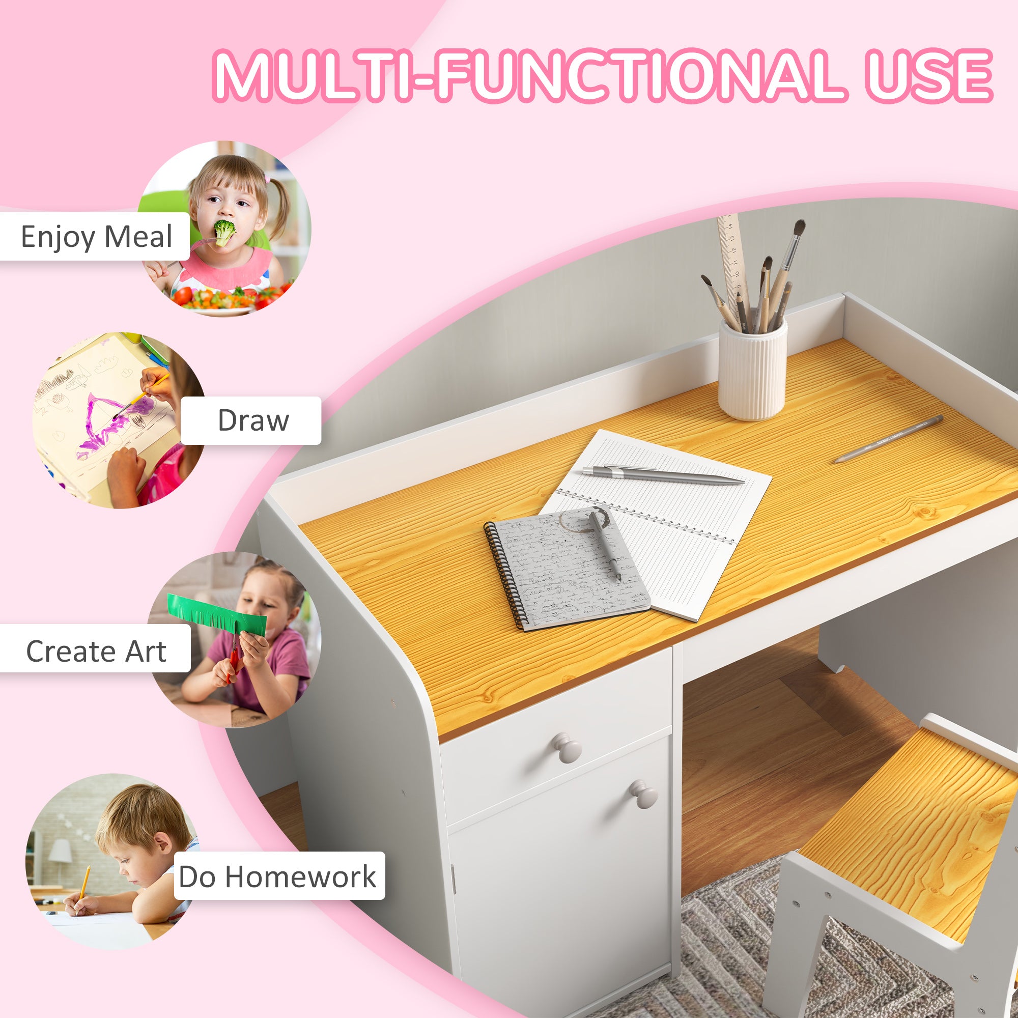 Qaba Kids Desk and Chair Set for 3-6 Year Old with Storage Drawer, Study Table and Chair for Children, White-Toys & Games > Toddler & Kids Furniture > Kids Desk Sets-DECOROLALA