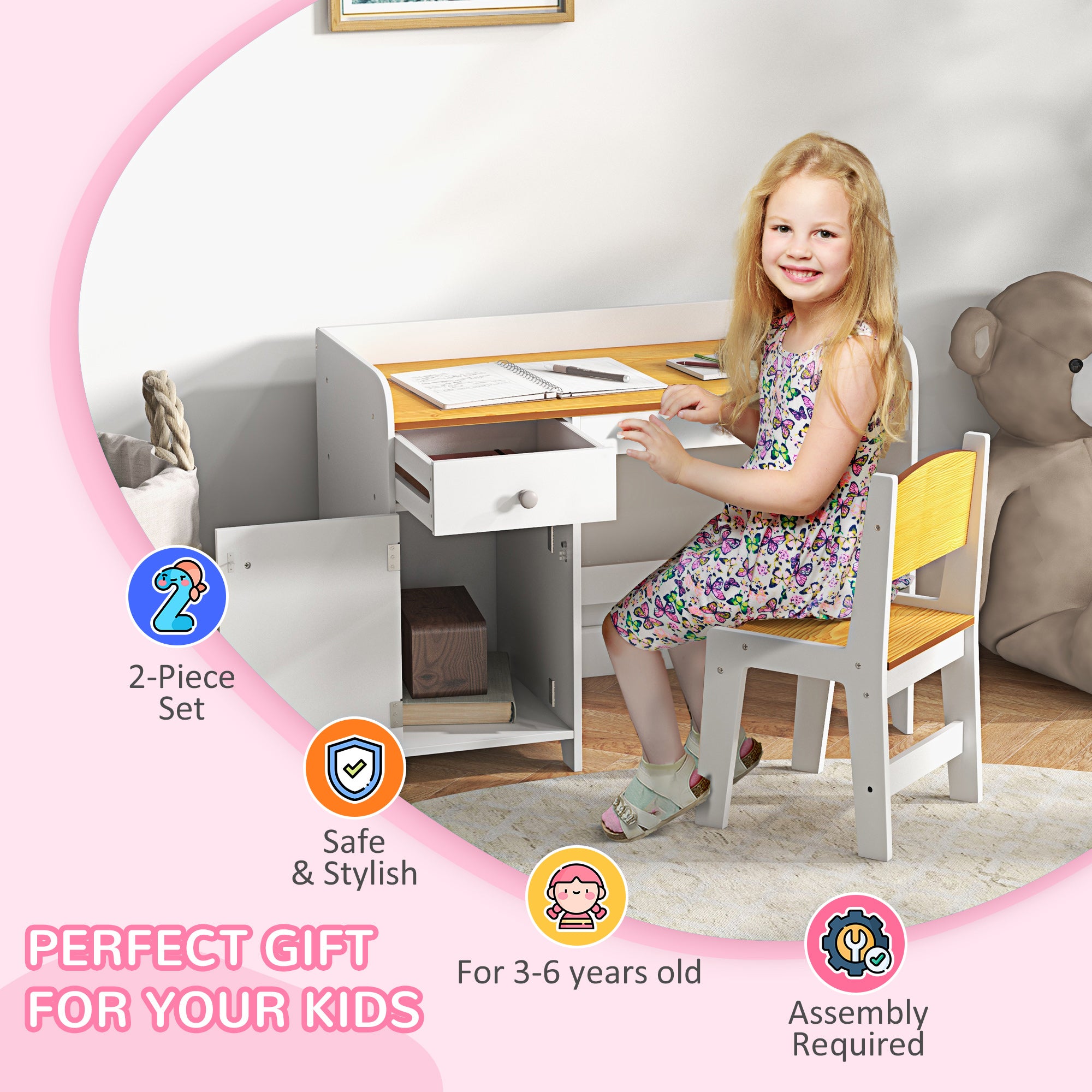 Qaba Kids Desk and Chair Set for 3-6 Year Old with Storage Drawer, Study Table and Chair for Children, White-Toys & Games > Toddler & Kids Furniture > Kids Desk Sets-DECOROLALA