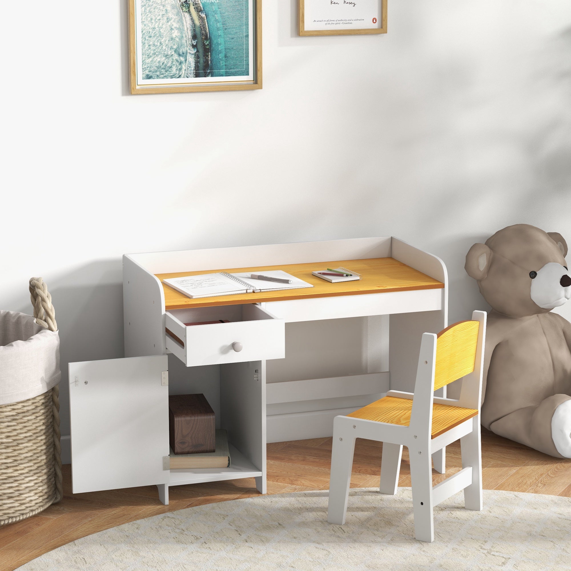 Qaba Kids Desk and Chair Set for 3-6 Year Old with Storage Drawer, Study Table and Chair for Children, White-Toys & Games > Toddler & Kids Furniture > Kids Desk Sets-DECOROLALA