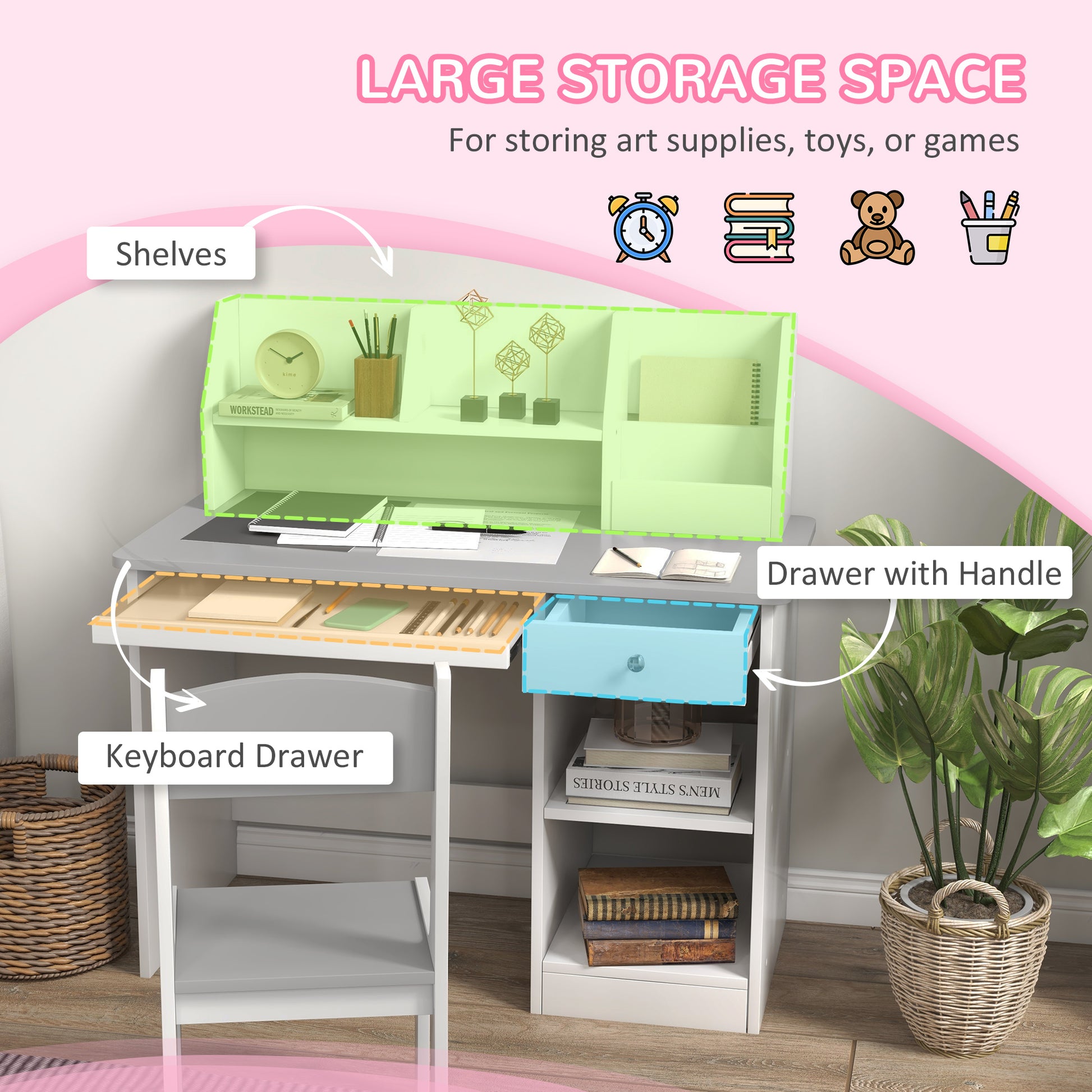 Qaba Kids Desk and Chair Set for 5-8 Year Old with Storage, Study Table and Chair for Children, Grey-Toys & Games > Toddler & Kids Furniture > Kids Desk Sets-DECOROLALA