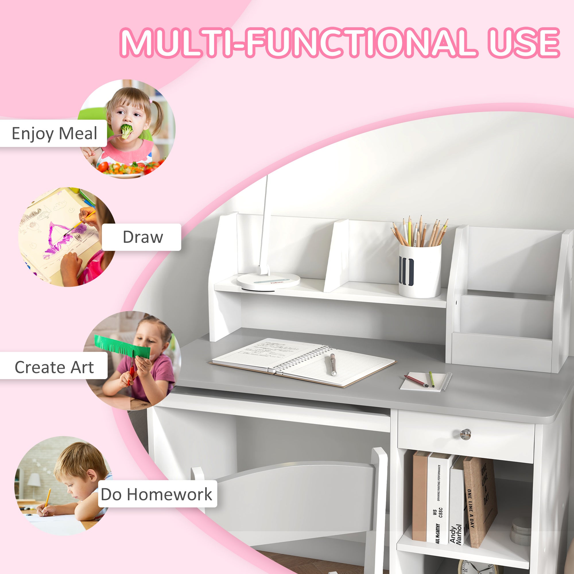 Qaba Kids Desk and Chair Set for 5-8 Year Old with Storage, Study Table and Chair for Children, Grey-Toys & Games > Toddler & Kids Furniture > Kids Desk Sets-DECOROLALA
