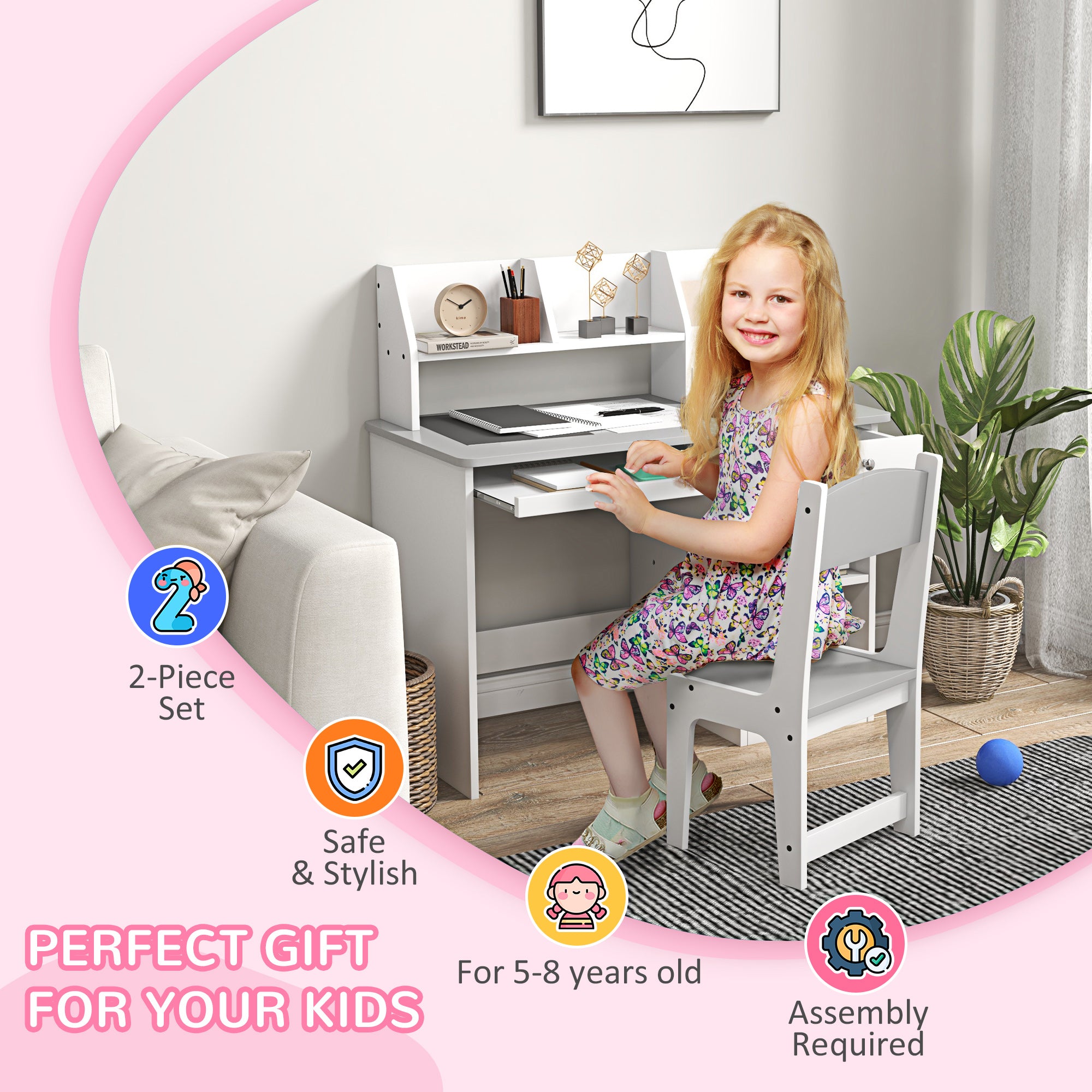 Qaba Kids Desk and Chair Set for 5-8 Year Old with Storage, Study Table and Chair for Children, Grey-Toys & Games > Toddler & Kids Furniture > Kids Desk Sets-DECOROLALA