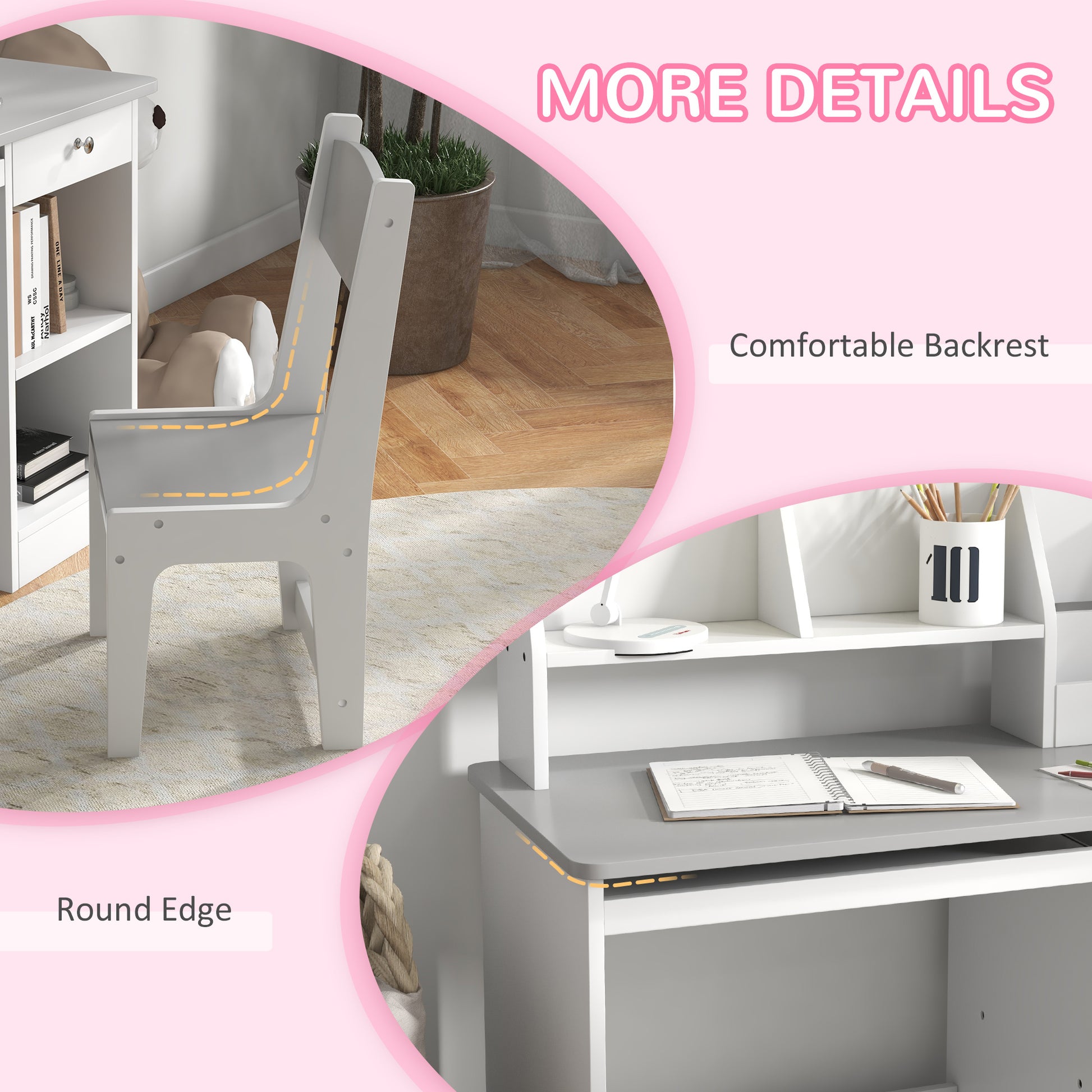 Qaba Kids Desk and Chair Set for 5-8 Year Old with Storage, Study Table and Chair for Children, Grey-Toys & Games > Toddler & Kids Furniture > Kids Desk Sets-DECOROLALA