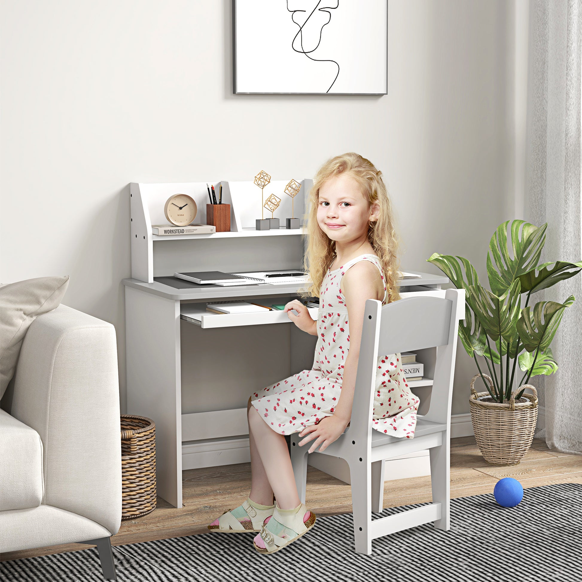 Qaba Kids Desk and Chair Set for 5-8 Year Old with Storage, Study Table and Chair for Children, Grey-Toys & Games > Toddler & Kids Furniture > Kids Desk Sets-DECOROLALA