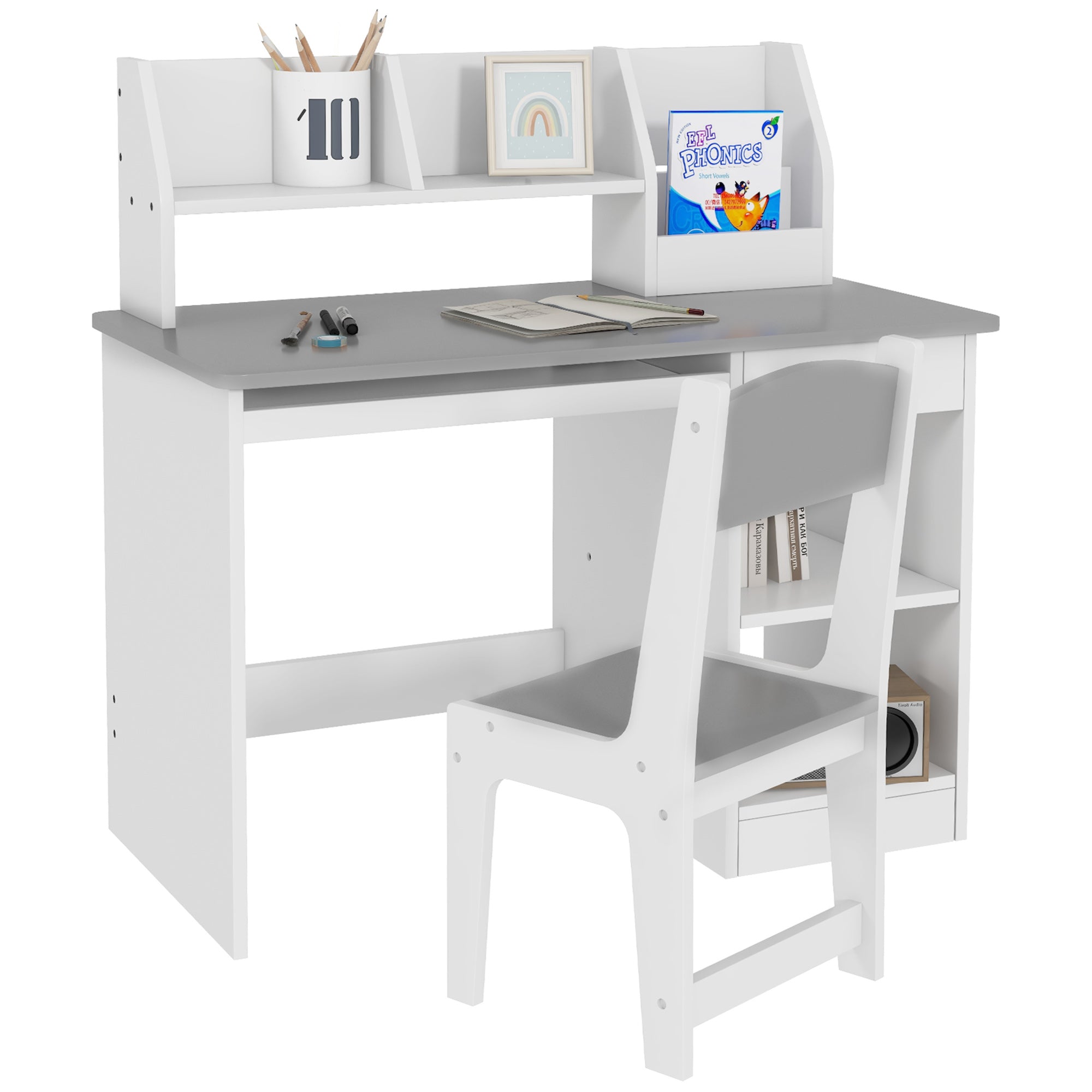 Qaba Kids Desk and Chair Set for 5-8 Year Old with Storage, Study Table and Chair for Children, Grey-Toys & Games > Toddler & Kids Furniture > Kids Desk Sets-DECOROLALA