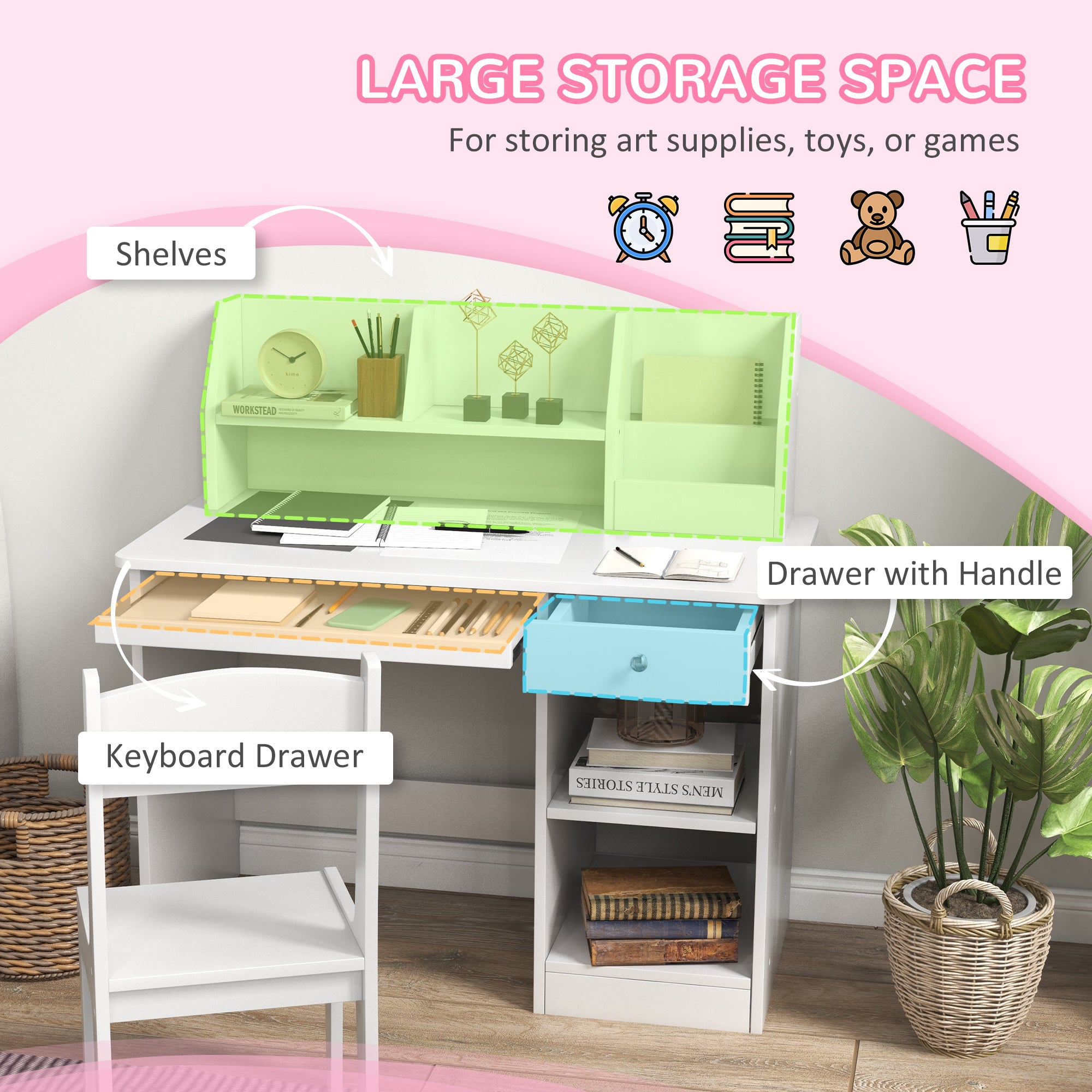 Qaba Kids Desk and Chair Set for 5-8 Year Old with Storage, Study Table and Chair for Children, White-Toys & Games > Toddler & Kids Furniture > Kids Desk Sets-DECOROLALA