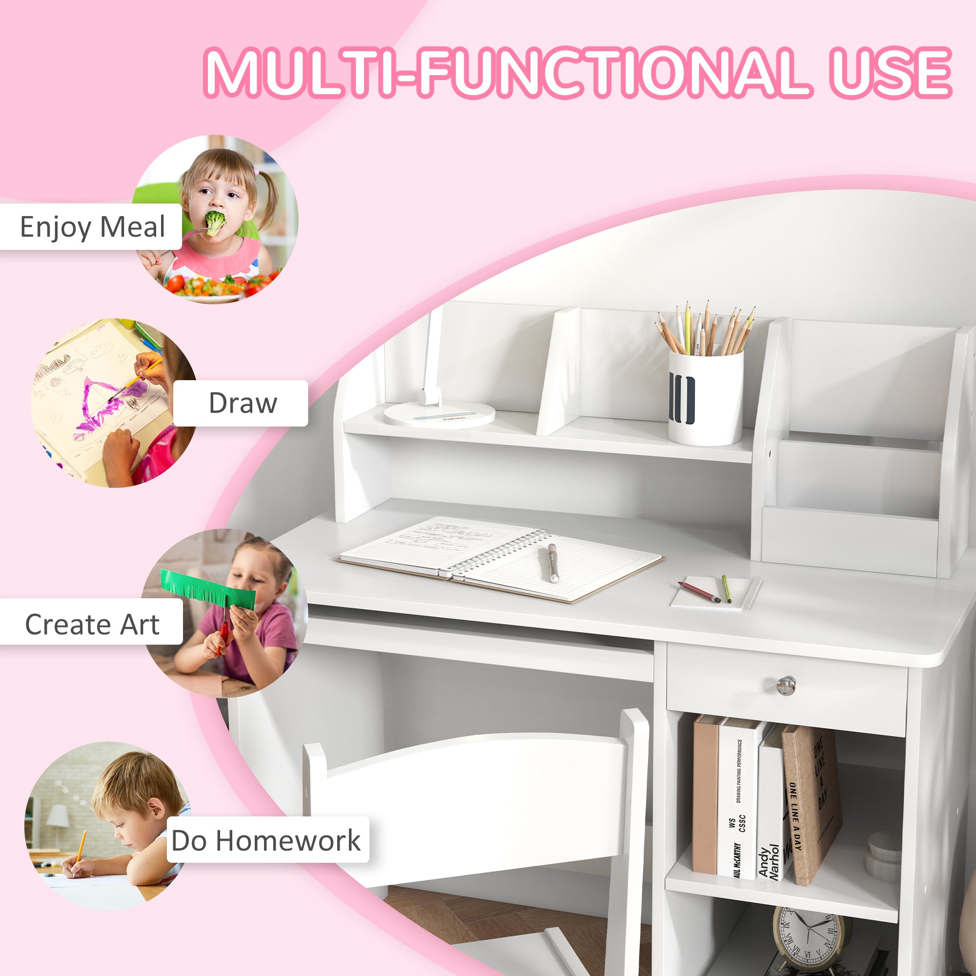 Qaba Kids Desk and Chair Set for 5-8 Year Old with Storage, Study Table and Chair for Children, White-Toys & Games > Toddler & Kids Furniture > Kids Desk Sets-DECOROLALA