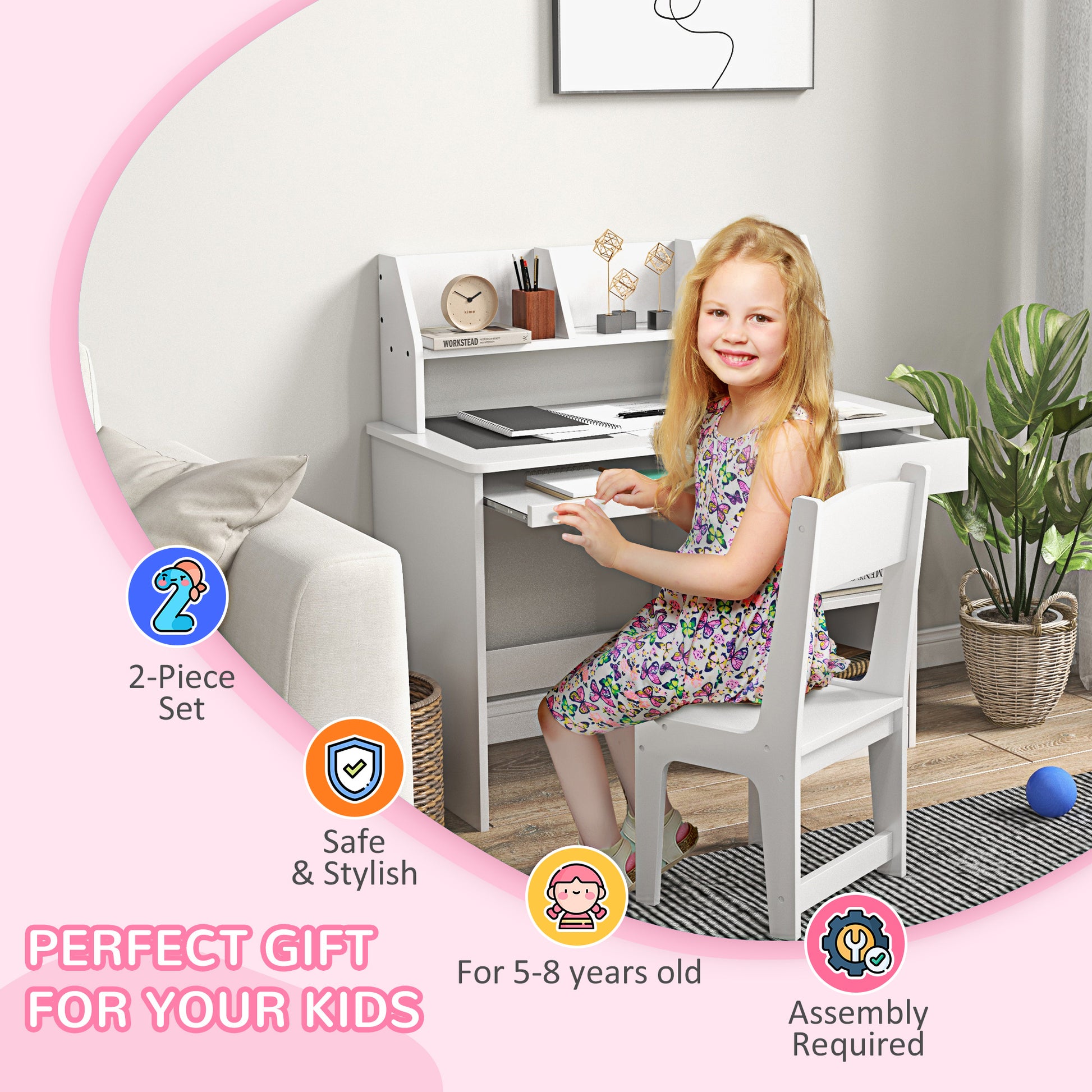 Qaba Kids Desk and Chair Set for 5-8 Year Old with Storage, Study Table and Chair for Children, White-Toys & Games > Toddler & Kids Furniture > Kids Desk Sets-DECOROLALA