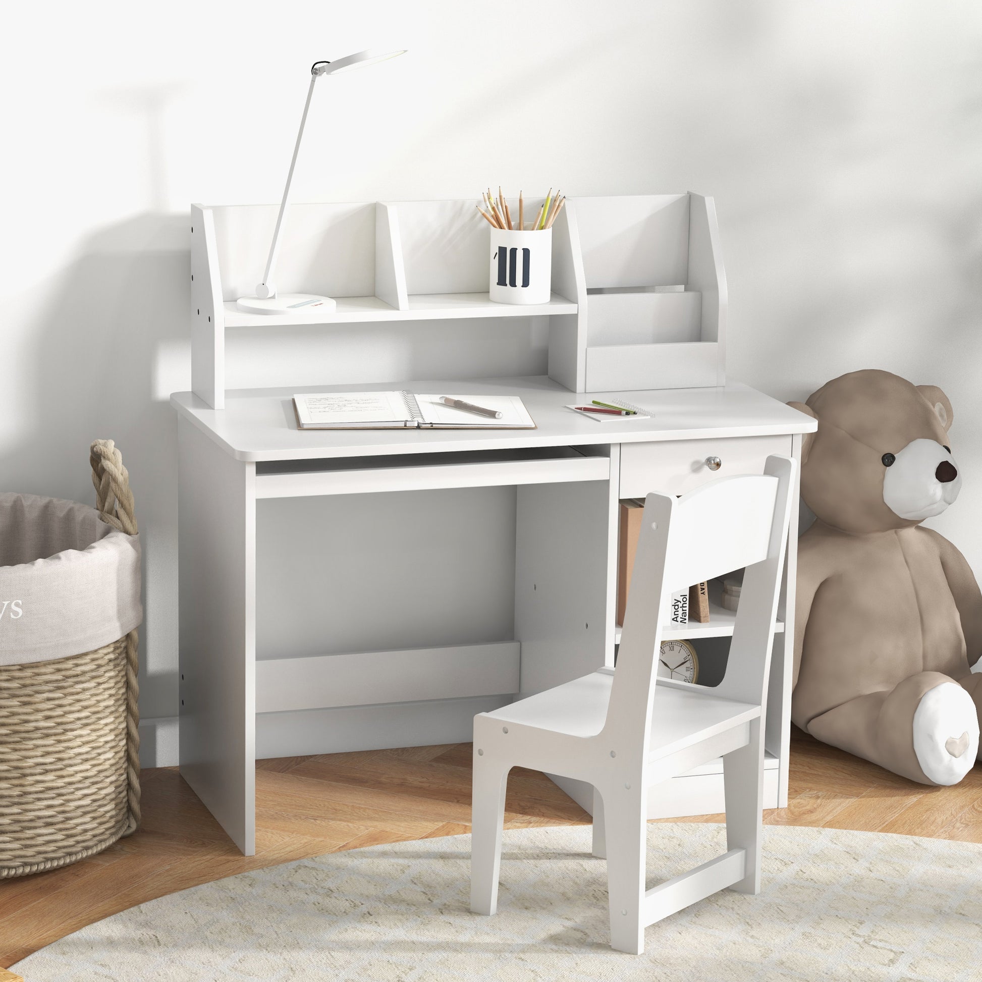 Qaba Kids Desk and Chair Set for 5-8 Year Old with Storage, Study Table and Chair for Children, White-Toys & Games > Toddler & Kids Furniture > Kids Desk Sets-DECOROLALA