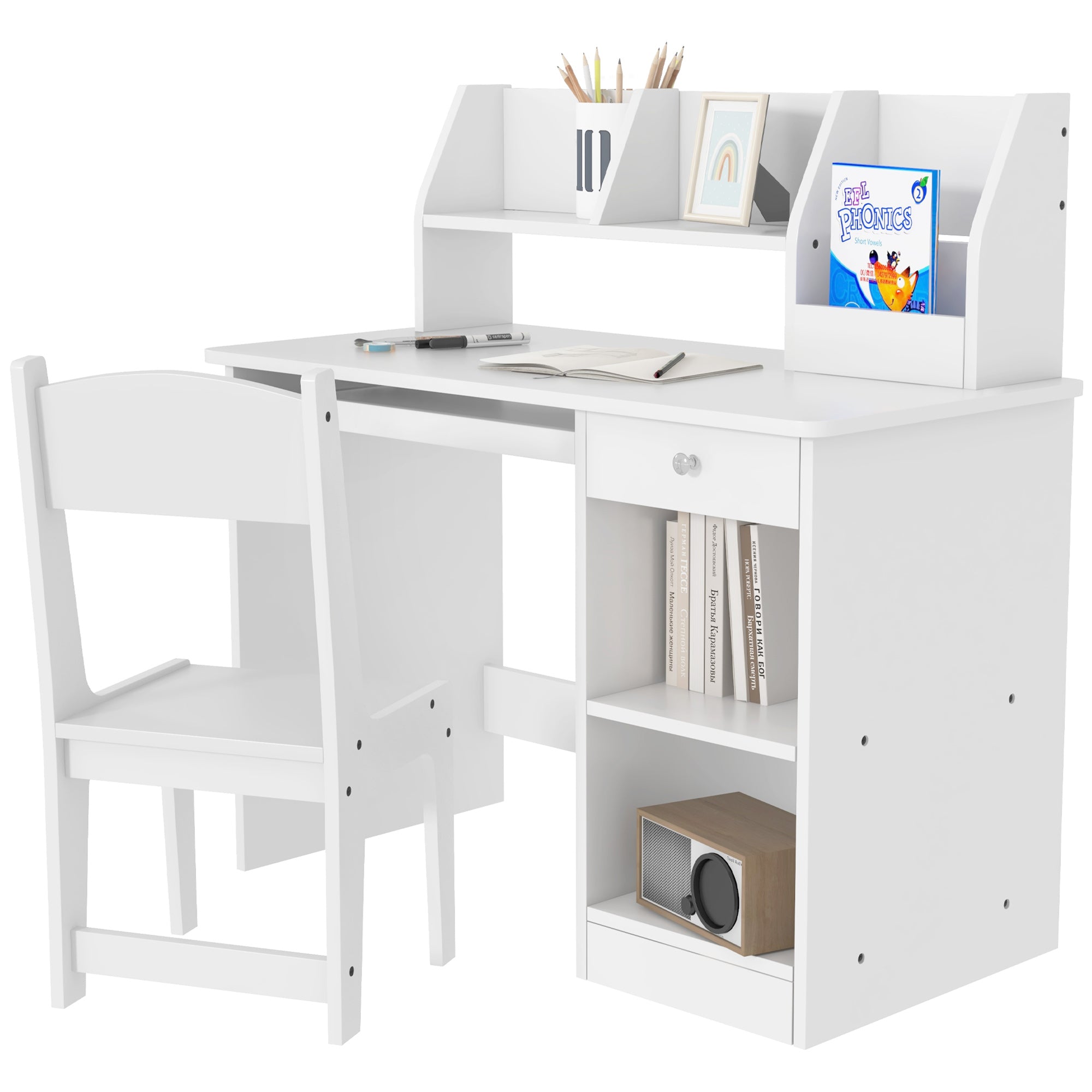 Qaba Kids Desk and Chair Set for 5-8 Year Old with Storage, Study Table and Chair for Children, White-Toys & Games > Toddler & Kids Furniture > Kids Desk Sets-DECOROLALA