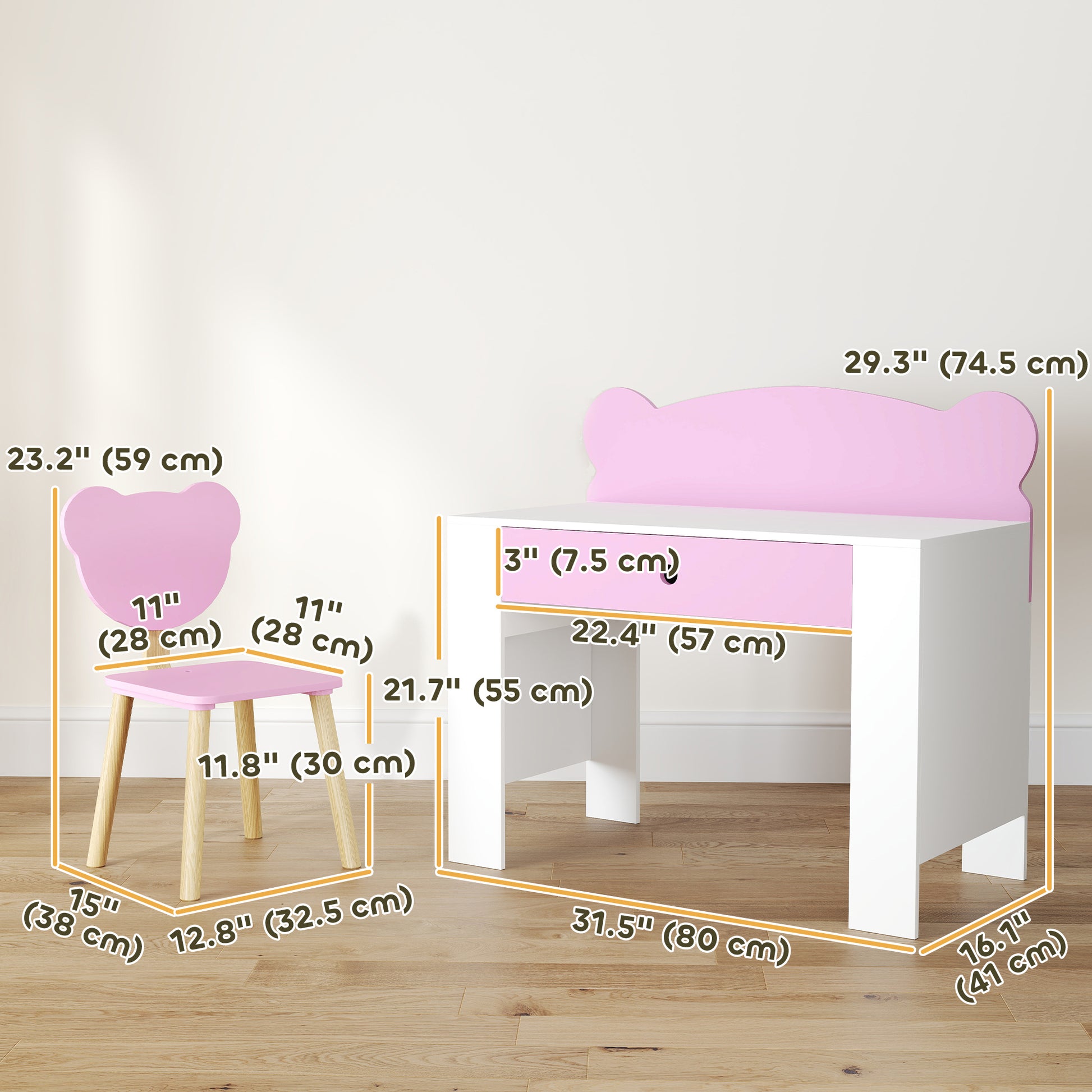 Qaba Kids Desk and Chair Set with Drawer for Drawing, Reading, Bear Theme Children Furniture for Bedroom, Daycare, Pink-Toys & Games > Toddler & Kids Furniture > Kids Desk Sets-DECOROLALA