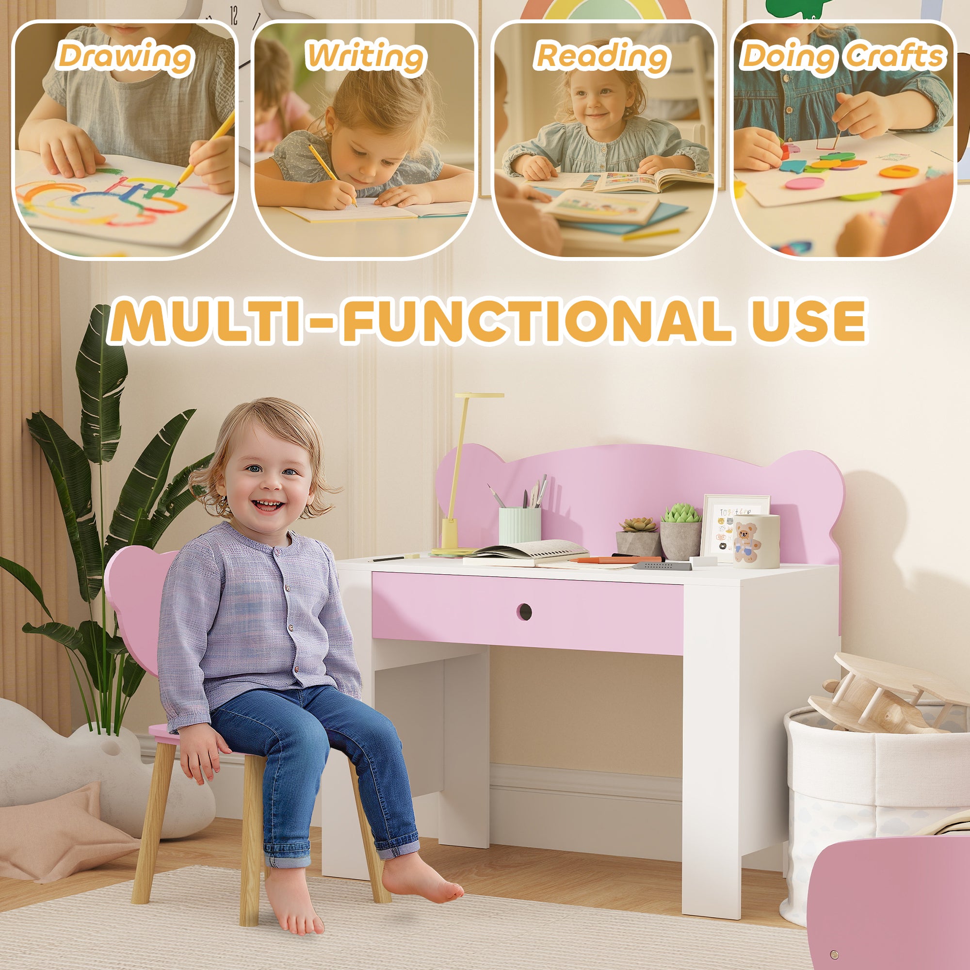 Qaba Kids Desk and Chair Set with Drawer for Drawing, Reading, Bear Theme Children Furniture for Bedroom, Daycare, Pink-Toys & Games > Toddler & Kids Furniture > Kids Desk Sets-DECOROLALA