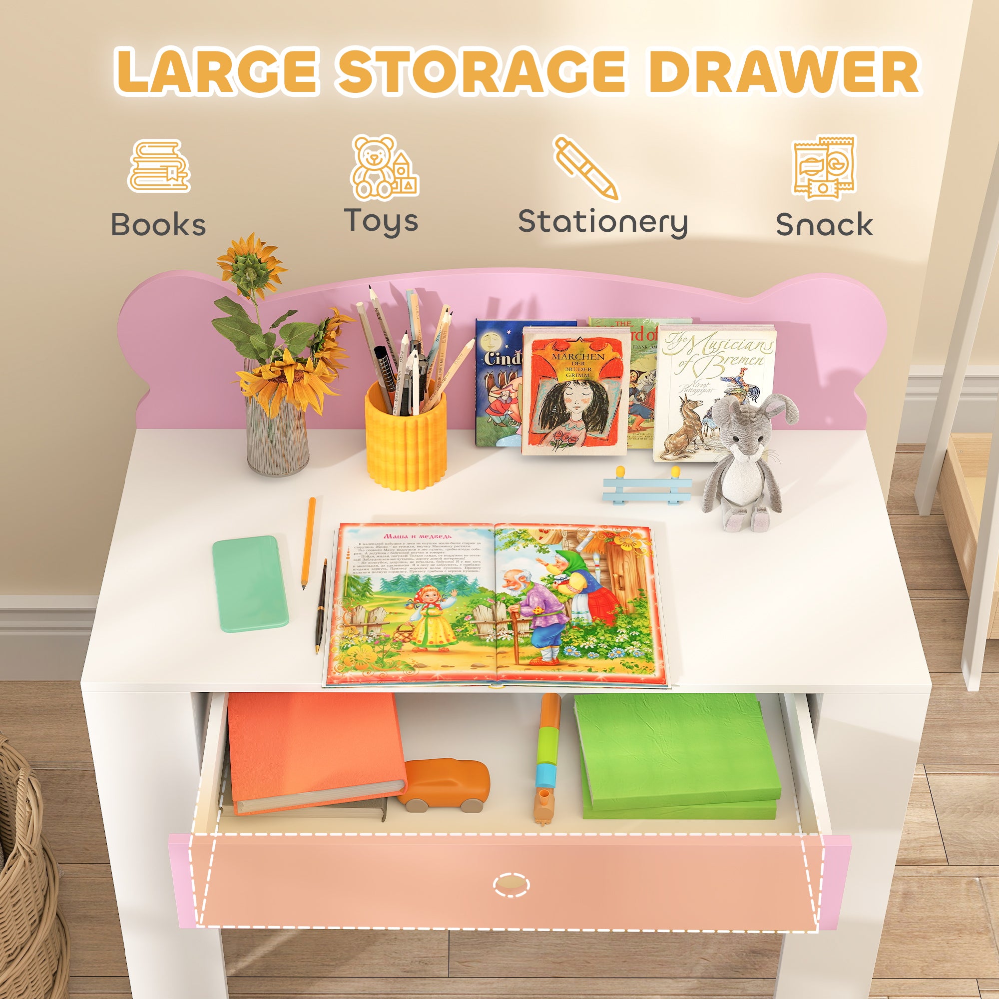Qaba Kids Desk and Chair Set with Drawer for Drawing, Reading, Bear Theme Children Furniture for Bedroom, Daycare, Pink-Toys & Games > Toddler & Kids Furniture > Kids Desk Sets-DECOROLALA