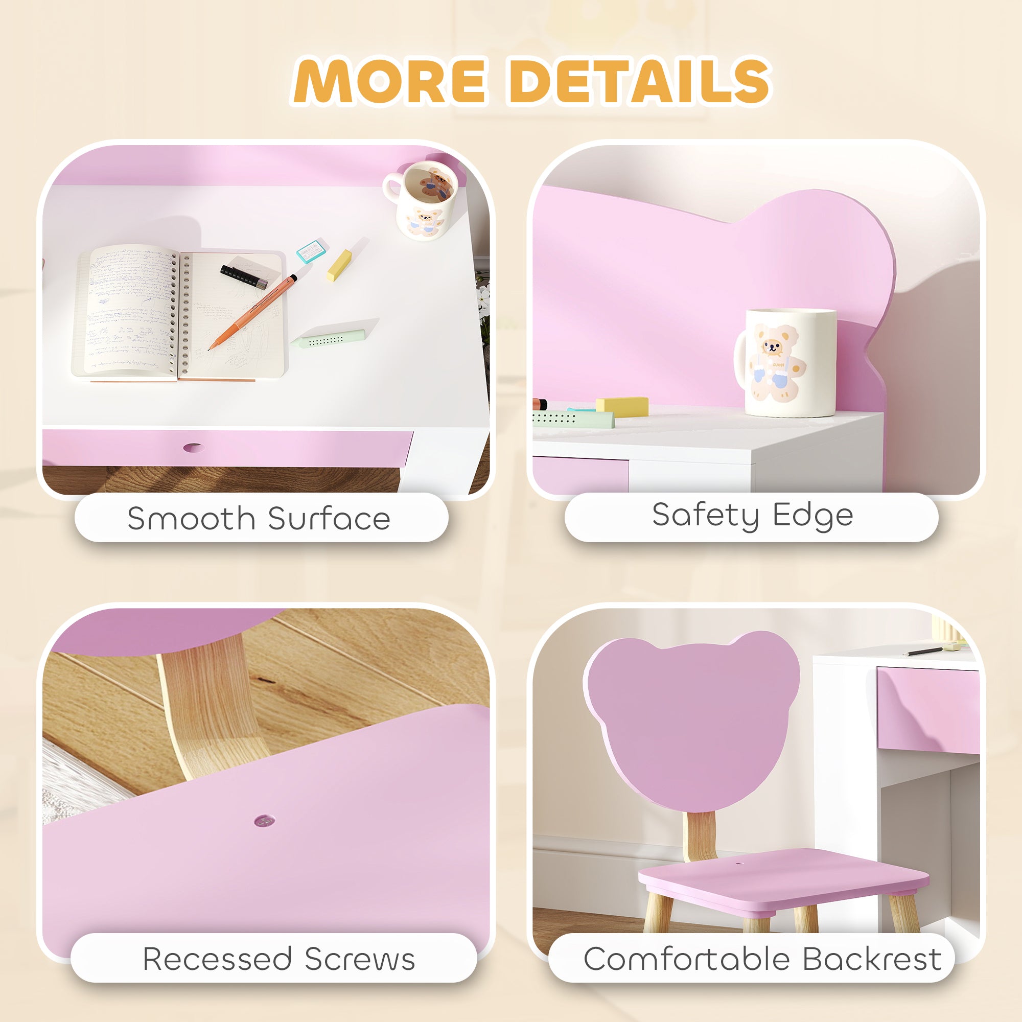 Qaba Kids Desk and Chair Set with Drawer for Drawing, Reading, Bear Theme Children Furniture for Bedroom, Daycare, Pink-Toys & Games > Toddler & Kids Furniture > Kids Desk Sets-DECOROLALA