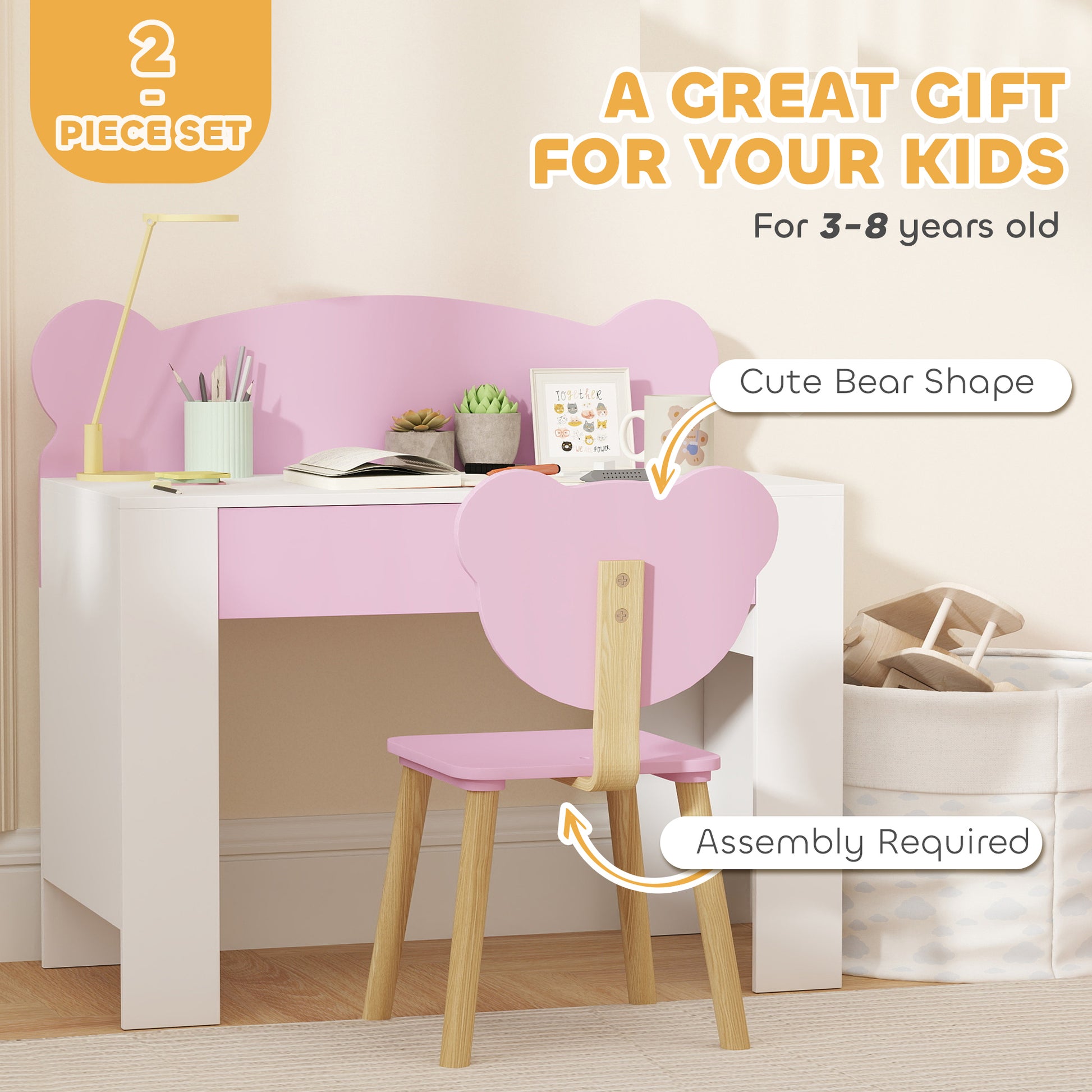 Qaba Kids Desk and Chair Set with Drawer for Drawing, Reading, Bear Theme Children Furniture for Bedroom, Daycare, Pink-Toys & Games > Toddler & Kids Furniture > Kids Desk Sets-DECOROLALA