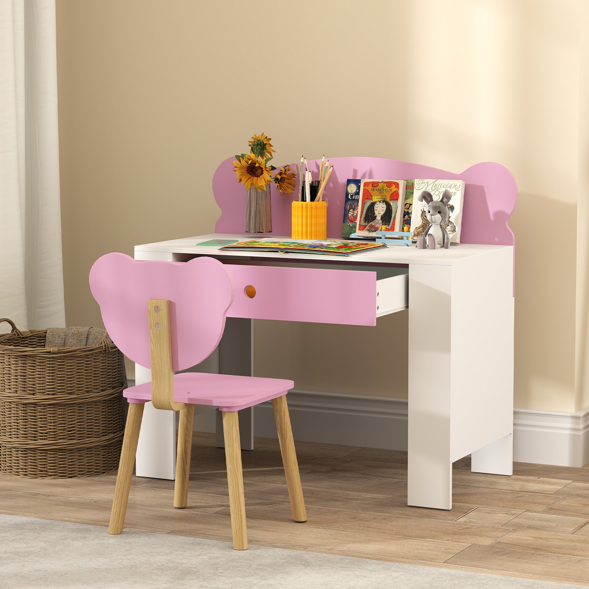 Qaba Kids Desk and Chair Set with Drawer for Drawing, Reading, Bear Theme Children Furniture for Bedroom, Daycare, Pink-Toys & Games > Toddler & Kids Furniture > Kids Desk Sets-DECOROLALA