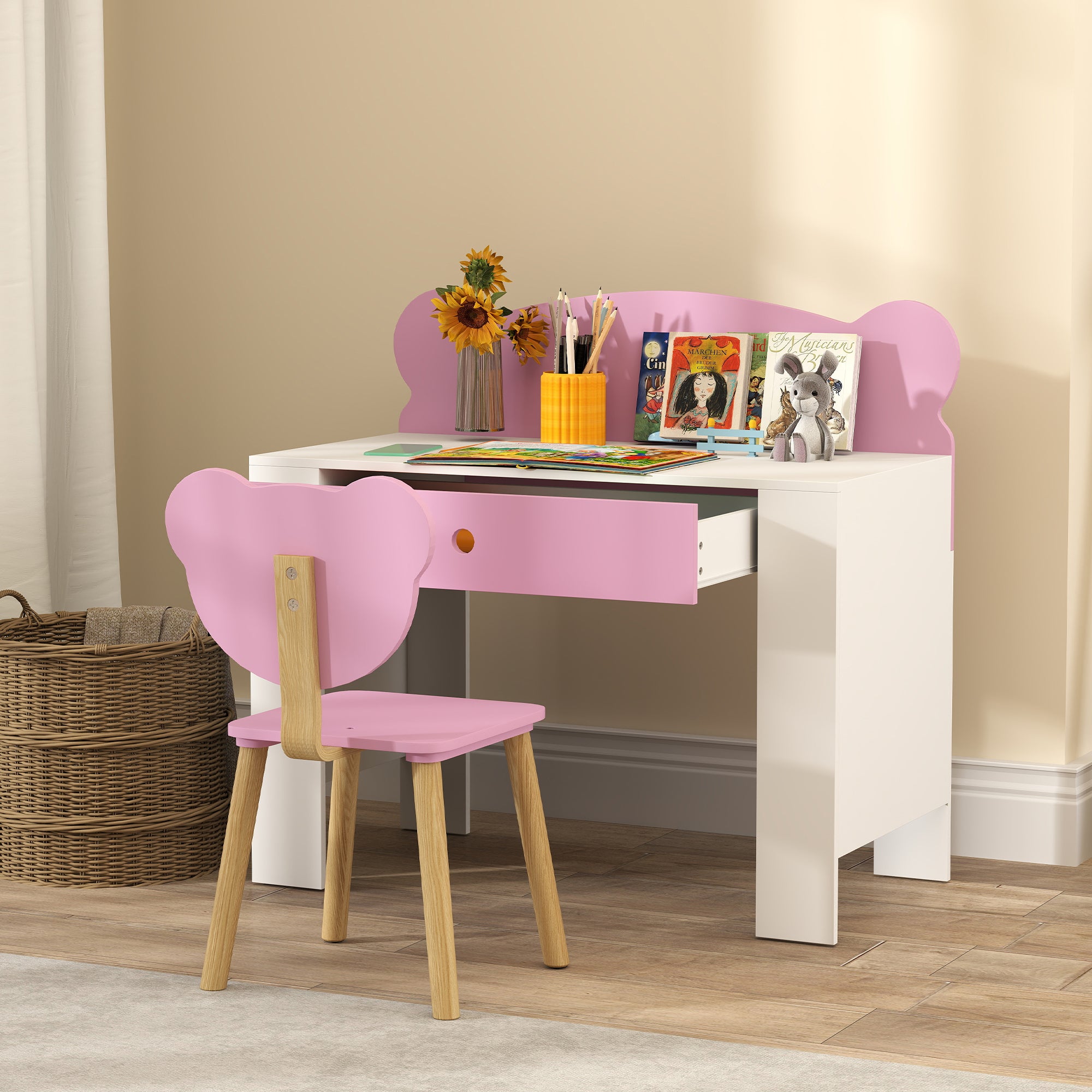 Qaba Kids Desk and Chair Set with Drawer for Drawing, Reading, Bear Theme Children Furniture for Bedroom, Daycare, Pink-Toys & Games > Toddler & Kids Furniture > Kids Desk Sets-DECOROLALA