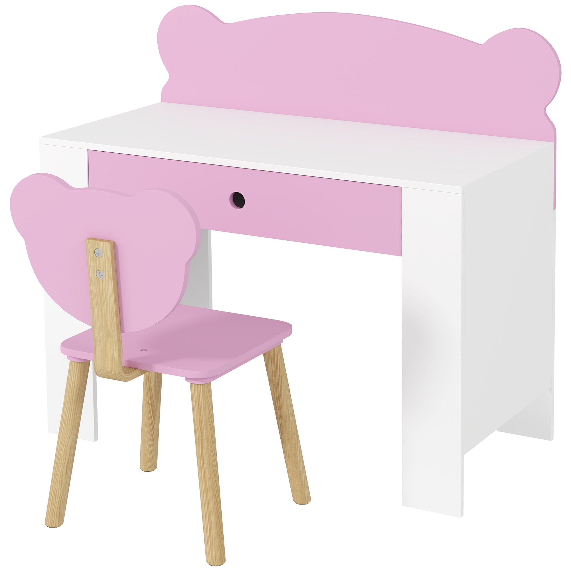 Qaba Kids Desk and Chair Set with Drawer for Drawing, Reading, Bear Theme Children Furniture for Bedroom, Daycare, Pink-Toys & Games > Toddler & Kids Furniture > Kids Desk Sets-DECOROLALA
