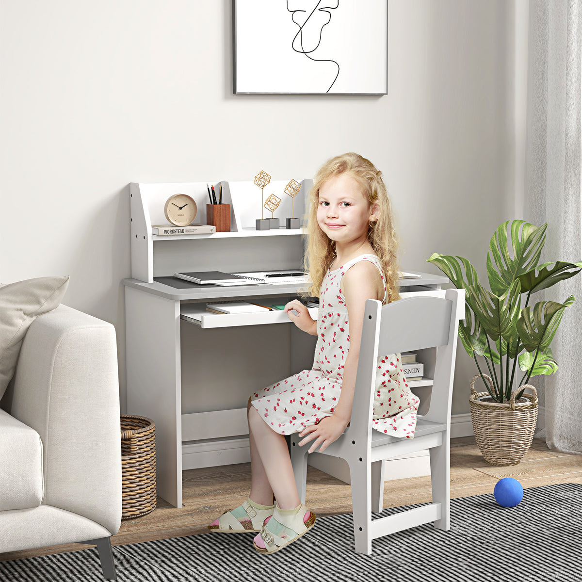 Qaba Kids Desk and Chair Set with Storage, Ages 5-8 - Grey-Toys & Games > Toddler & Kids Furniture > Kids Desk Sets-DECOROLALA