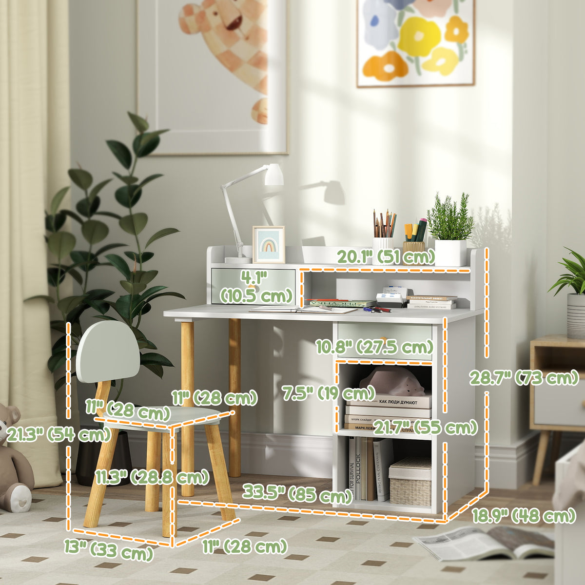 Qaba Kids Desk and Chair Set with Storage Drawers - Green-Toys & Games > Toddler & Kids Furniture > Kids Desk Sets-DECOROLALA